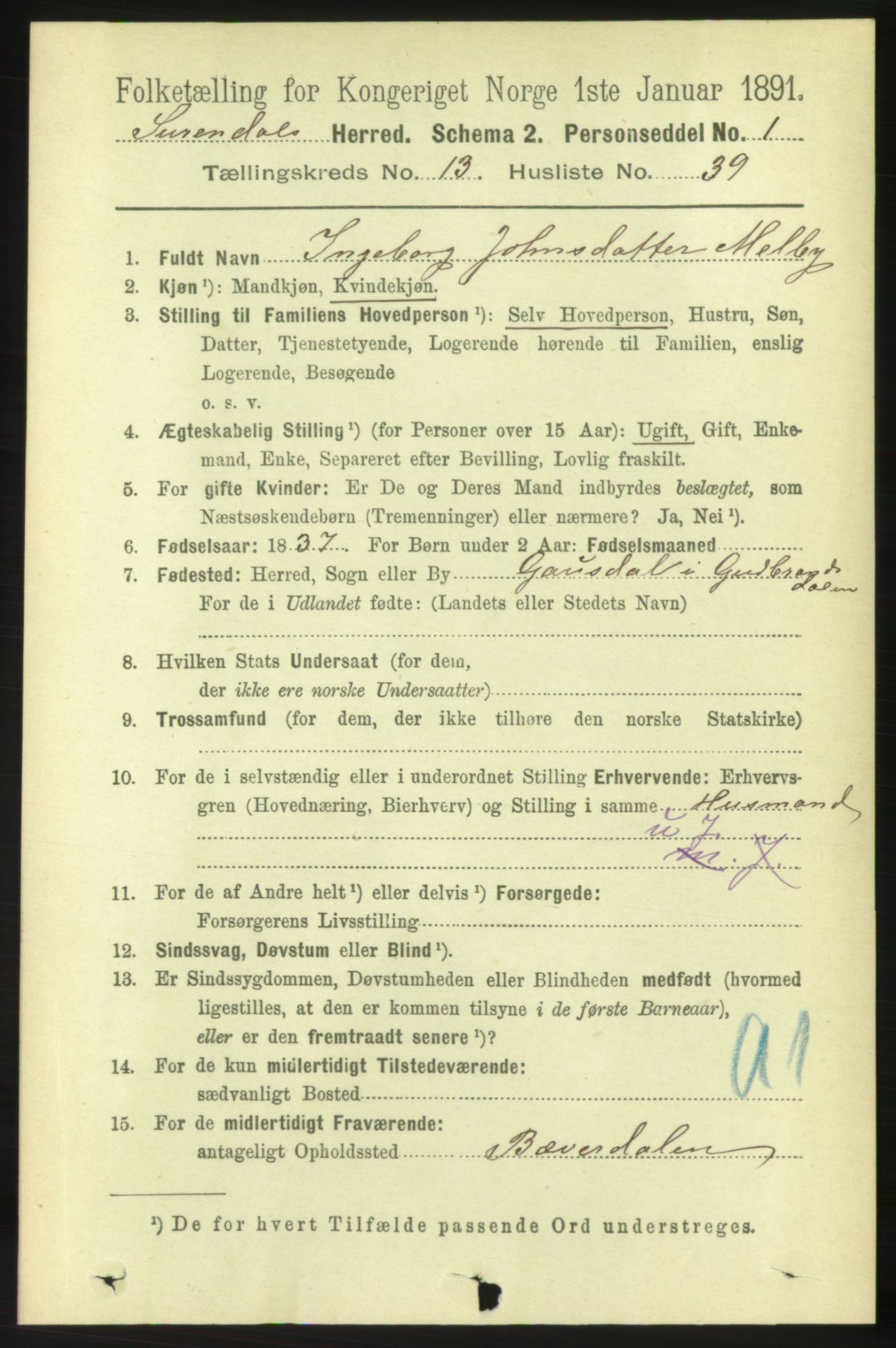 RA, 1891 census for 1566 Surnadal, 1891, p. 3372