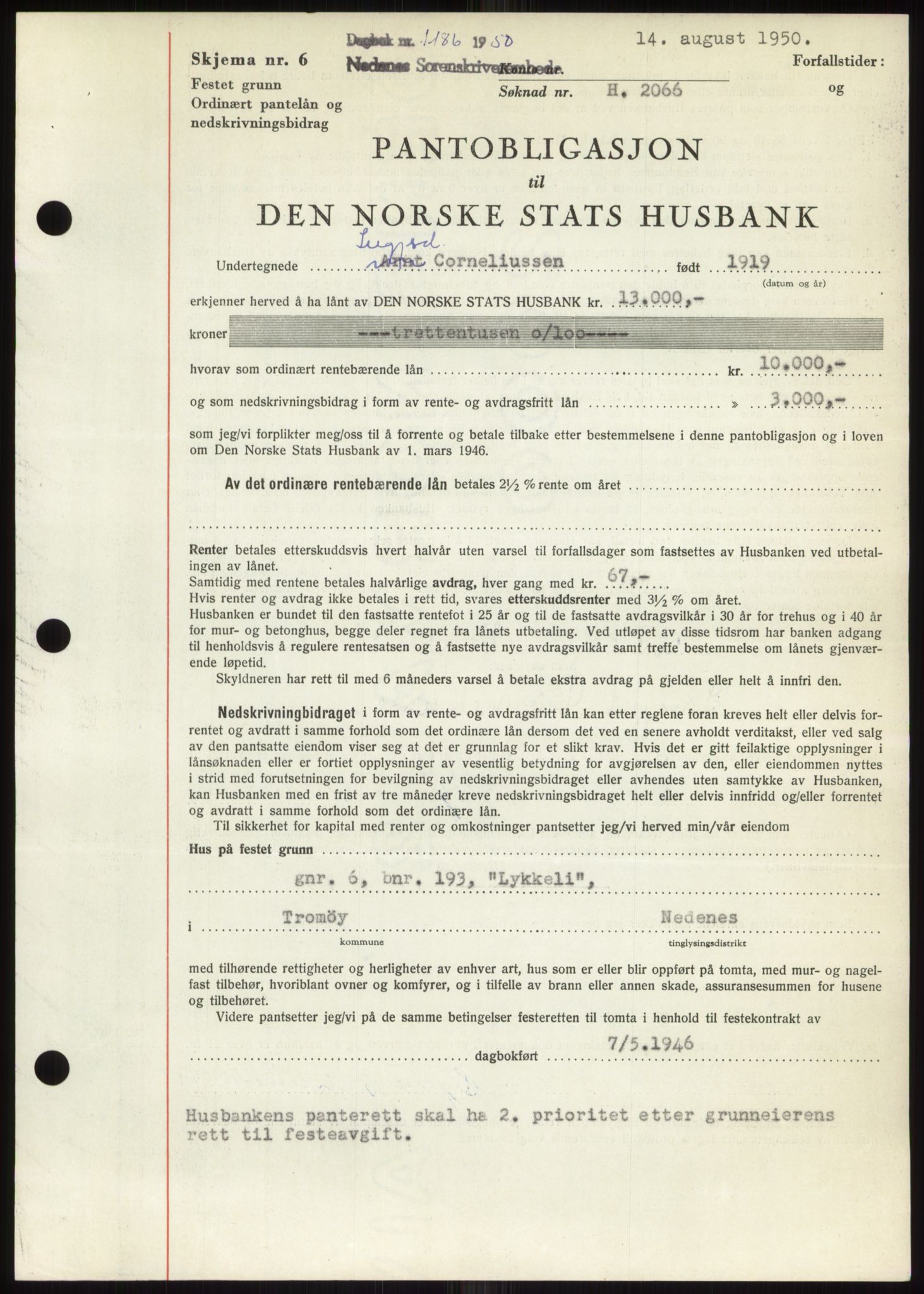 Nedenes sorenskriveri, AV/SAK-1221-0006/G/Gb/Gbb/L0008: Mortgage book no. B8, 1950-1950, Diary no: : 1186/1950