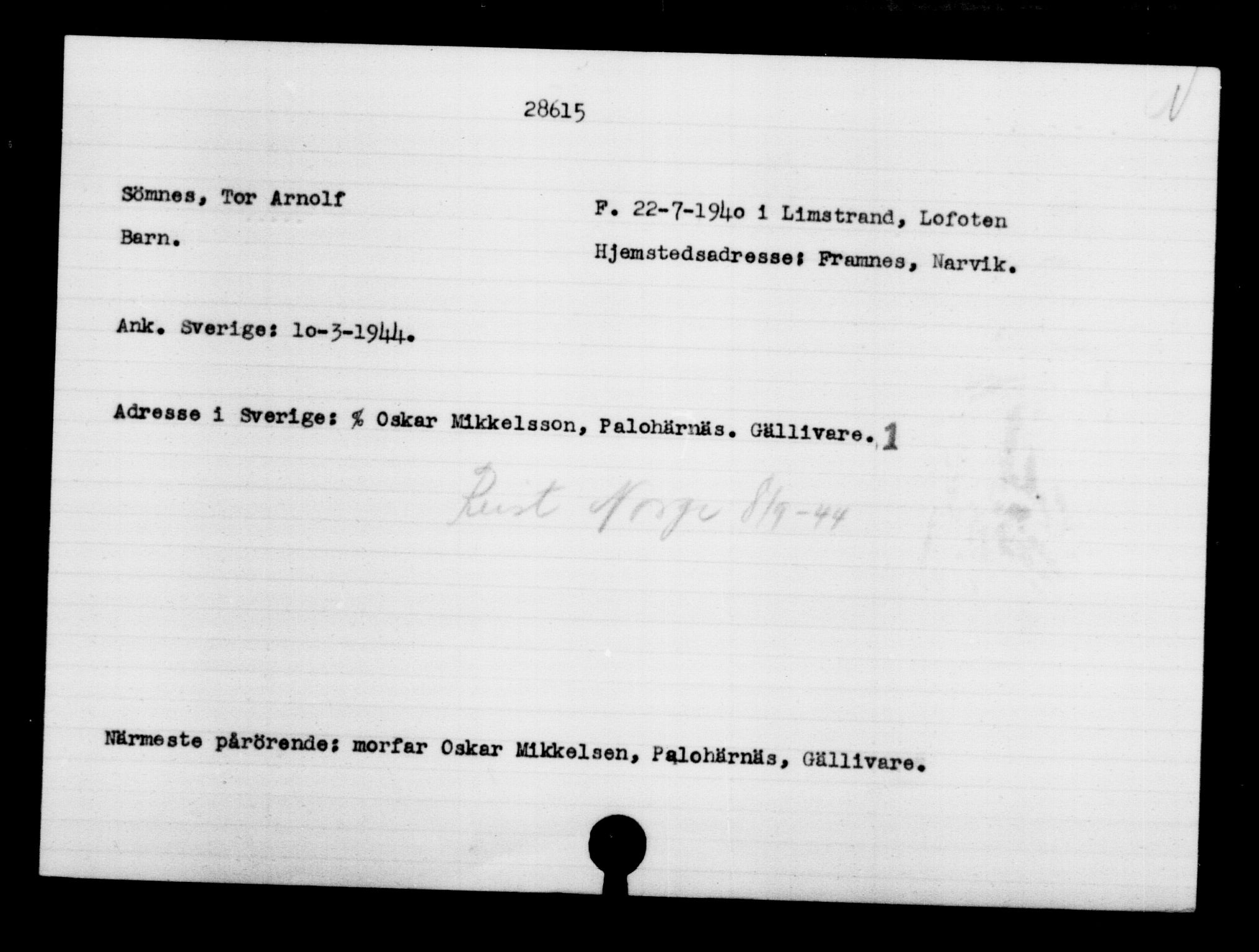 Den Kgl. Norske Legasjons Flyktningskontor, RA/S-6753/V/Va/L0012: Kjesäterkartoteket.  Flyktningenr. 28300-31566, 1940-1945, p. 337