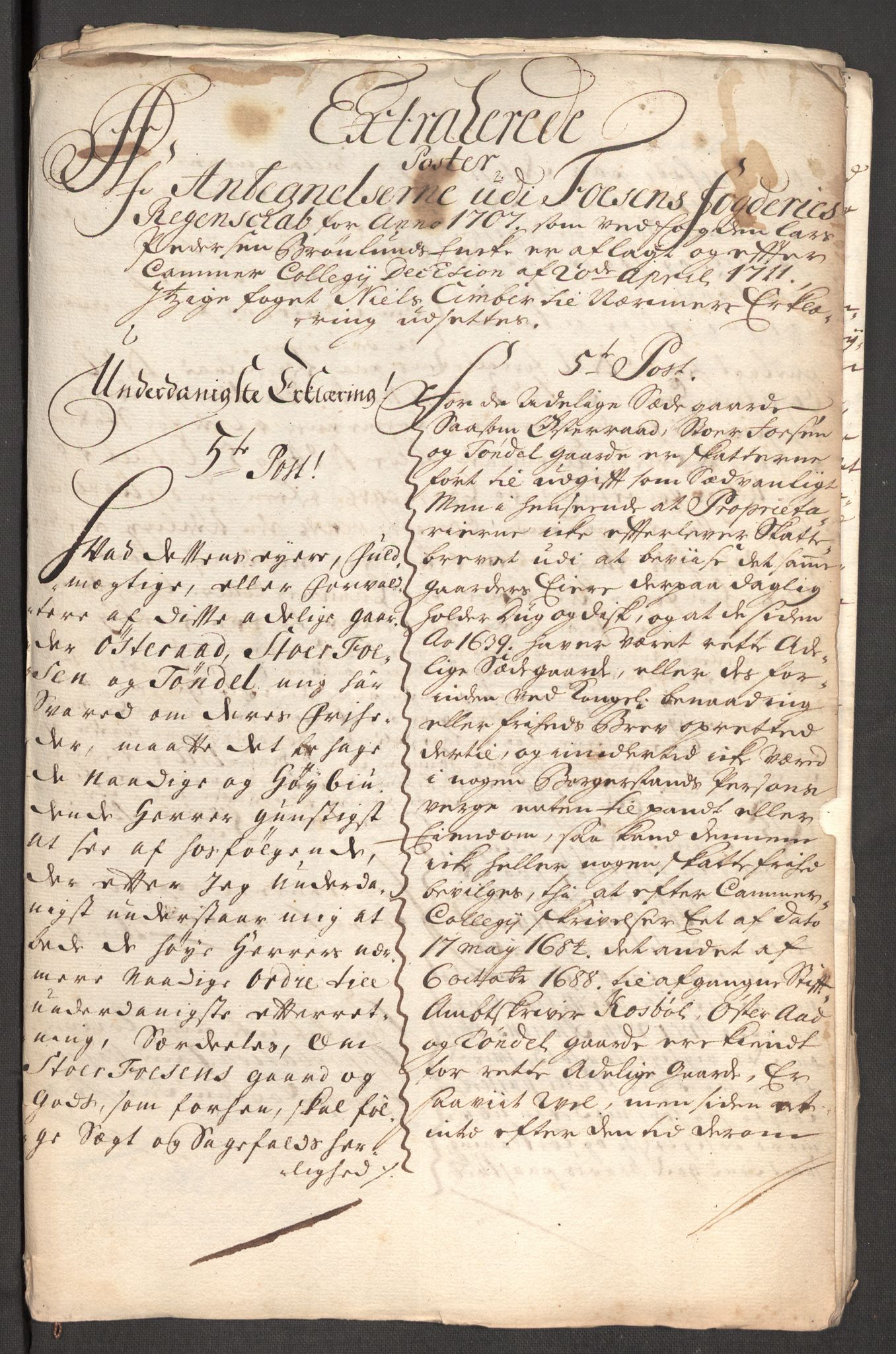 Rentekammeret inntil 1814, Reviderte regnskaper, Fogderegnskap, AV/RA-EA-4092/R57/L3857: Fogderegnskap Fosen, 1706-1707, p. 479