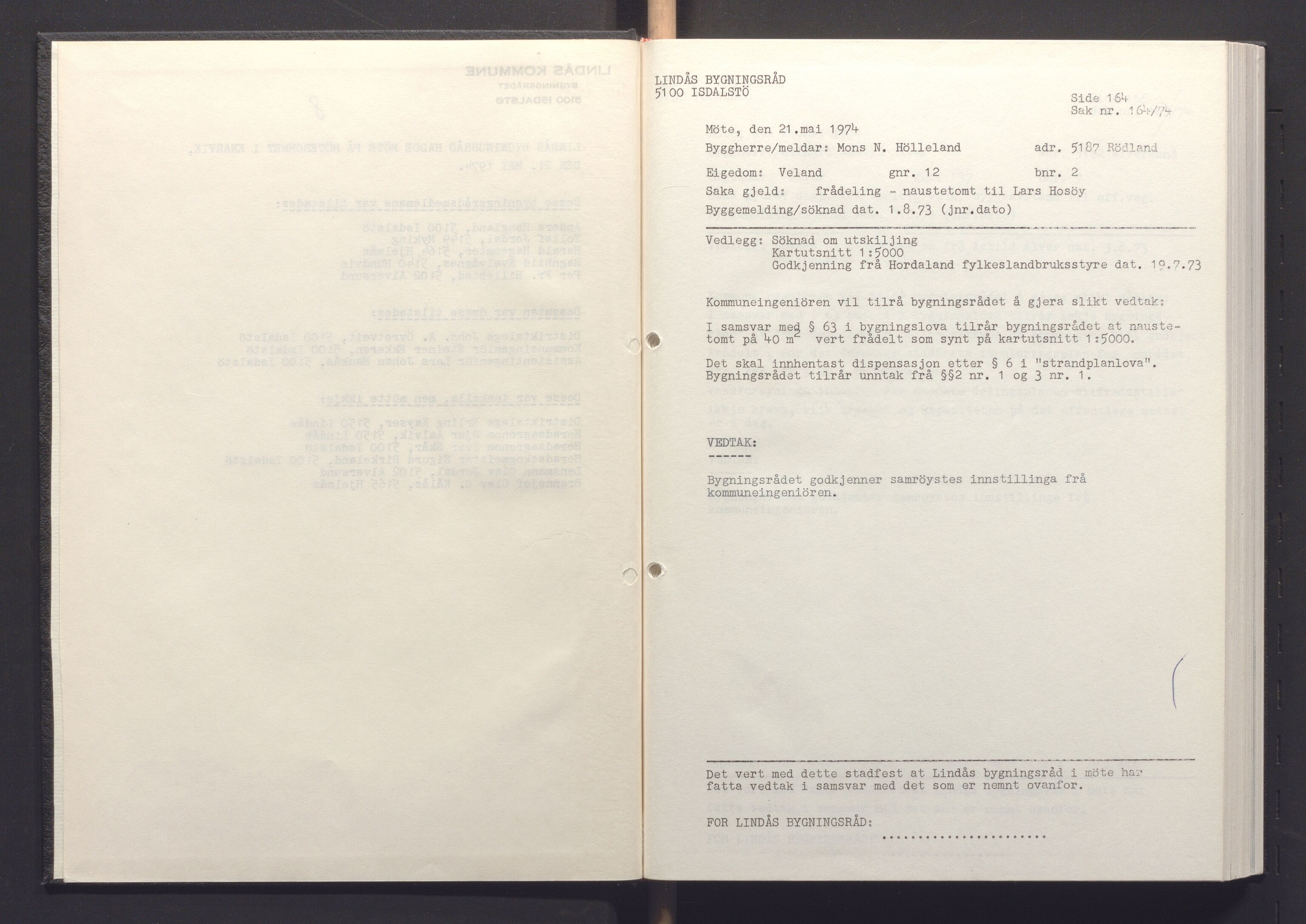 Lindås kommune. Bygningsrådet, IKAH/1263-511/A/Aa/L0015: Møtebok for Lindås bygningsråd, 1974