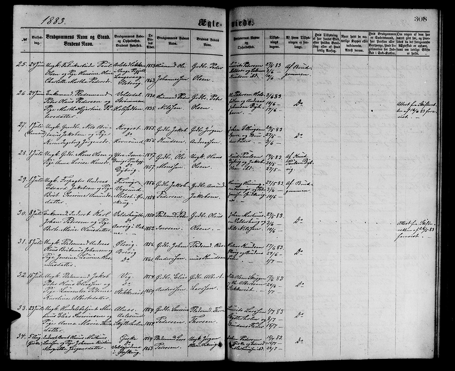 Ministerialprotokoller, klokkerbøker og fødselsregistre - Møre og Romsdal, AV/SAT-A-1454/528/L0429: Parish register (copy) no. 528C10, 1872-1886, p. 308