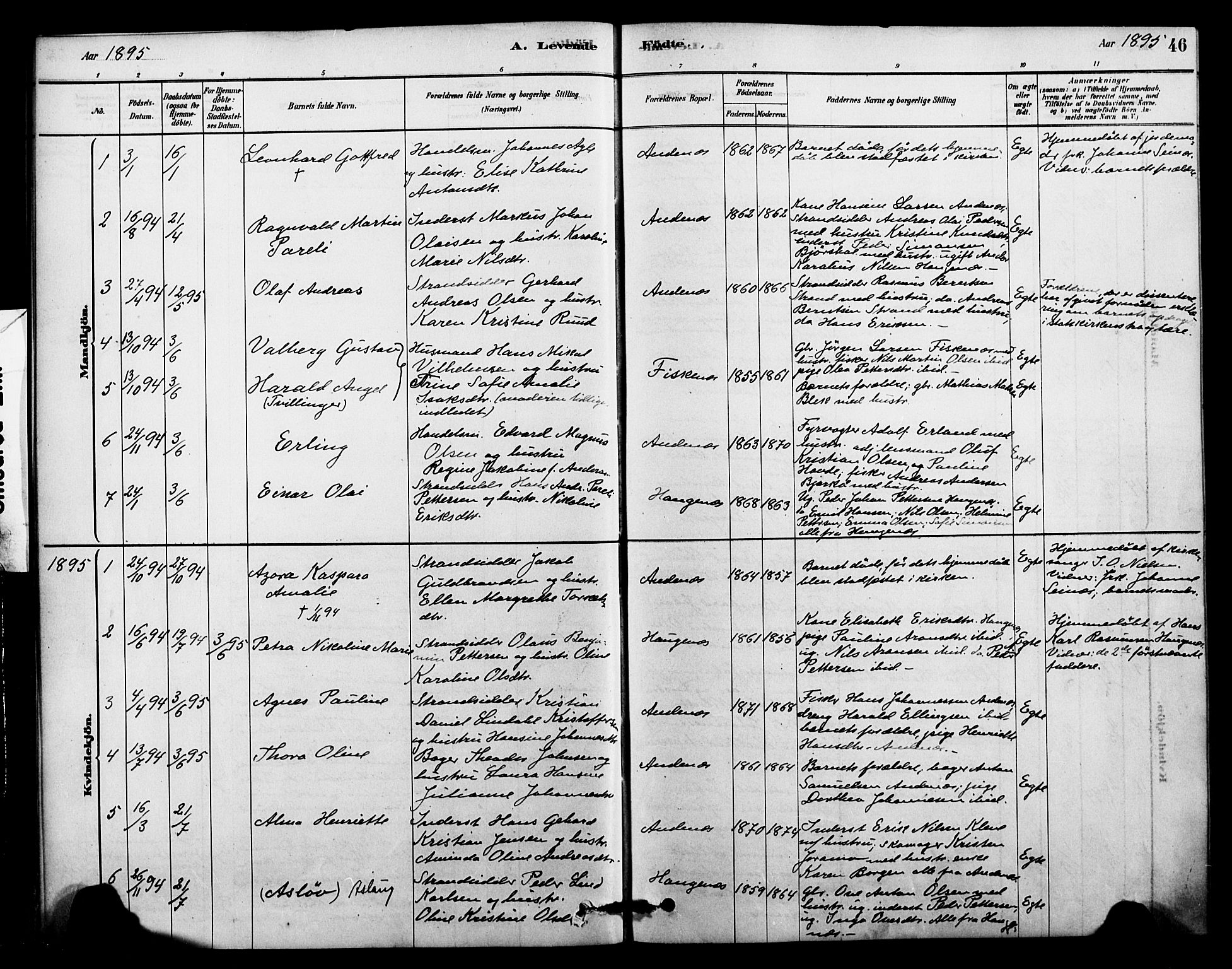 Ministerialprotokoller, klokkerbøker og fødselsregistre - Nordland, SAT/A-1459/899/L1436: Parish register (official) no. 899A04, 1881-1896, p. 46