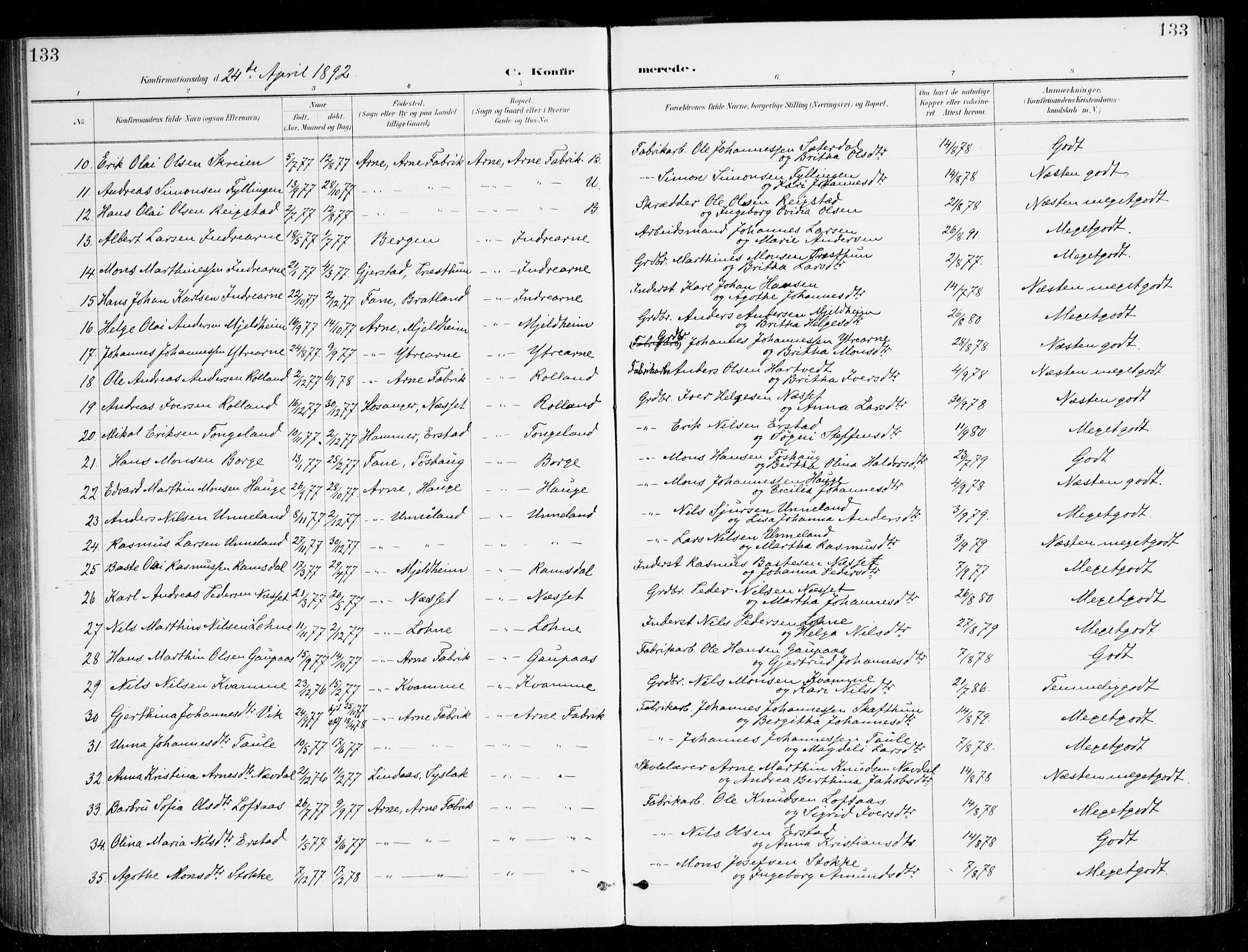 Haus sokneprestembete, AV/SAB-A-75601/H/Haa/Haad/L0001: Parish register (official) no. D 1, 1887-1898, p. 133