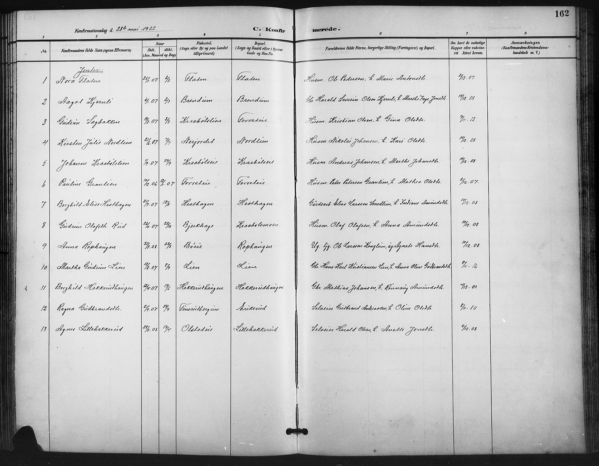 Vestre Gausdal prestekontor, SAH/PREST-094/H/Ha/Hab/L0003: Parish register (copy) no. 3, 1896-1925, p. 162