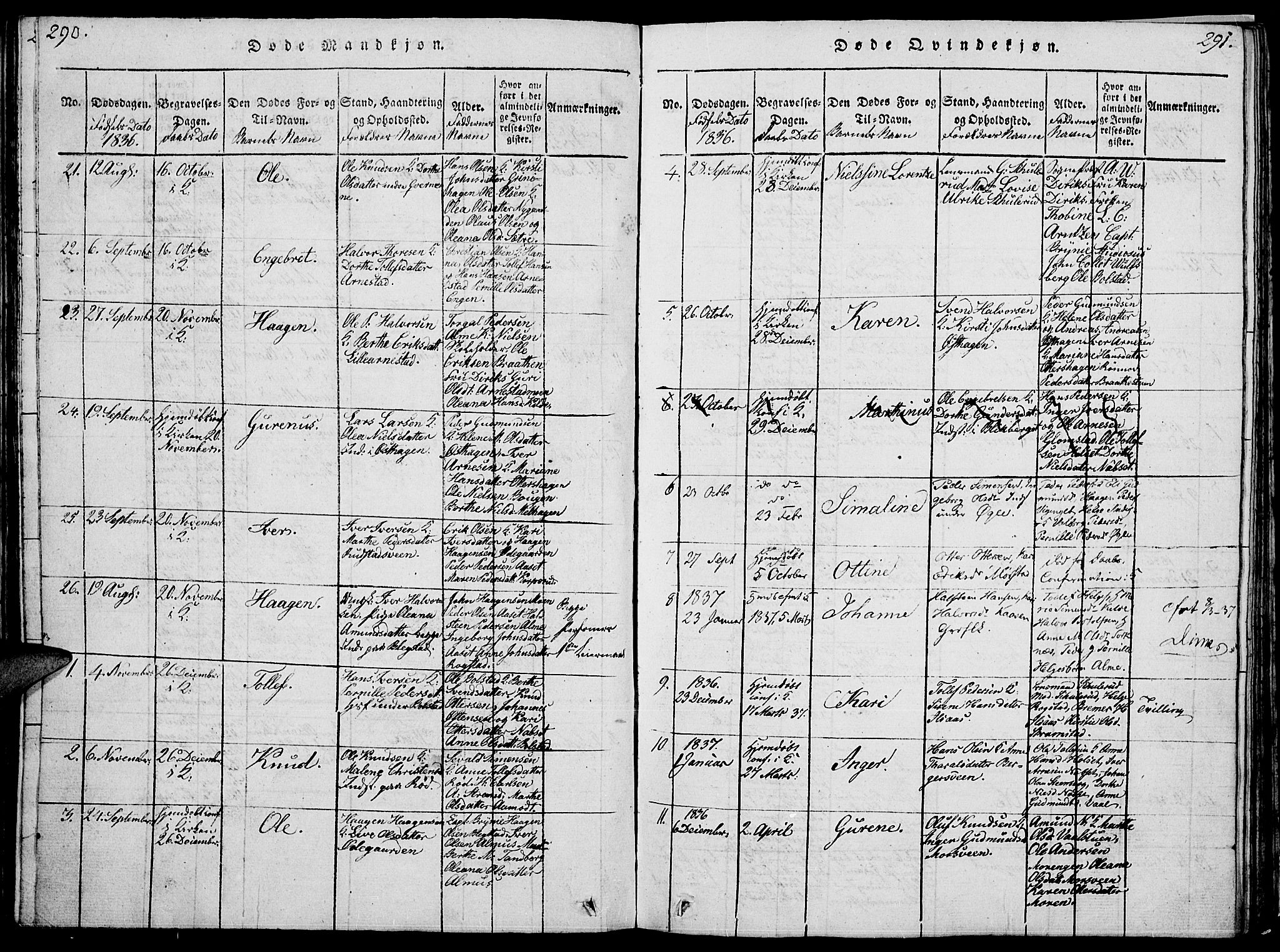 Åmot prestekontor, Hedmark, SAH/PREST-056/H/Ha/Hab/L0001: Parish register (copy) no. 1, 1815-1847, p. 290-291
