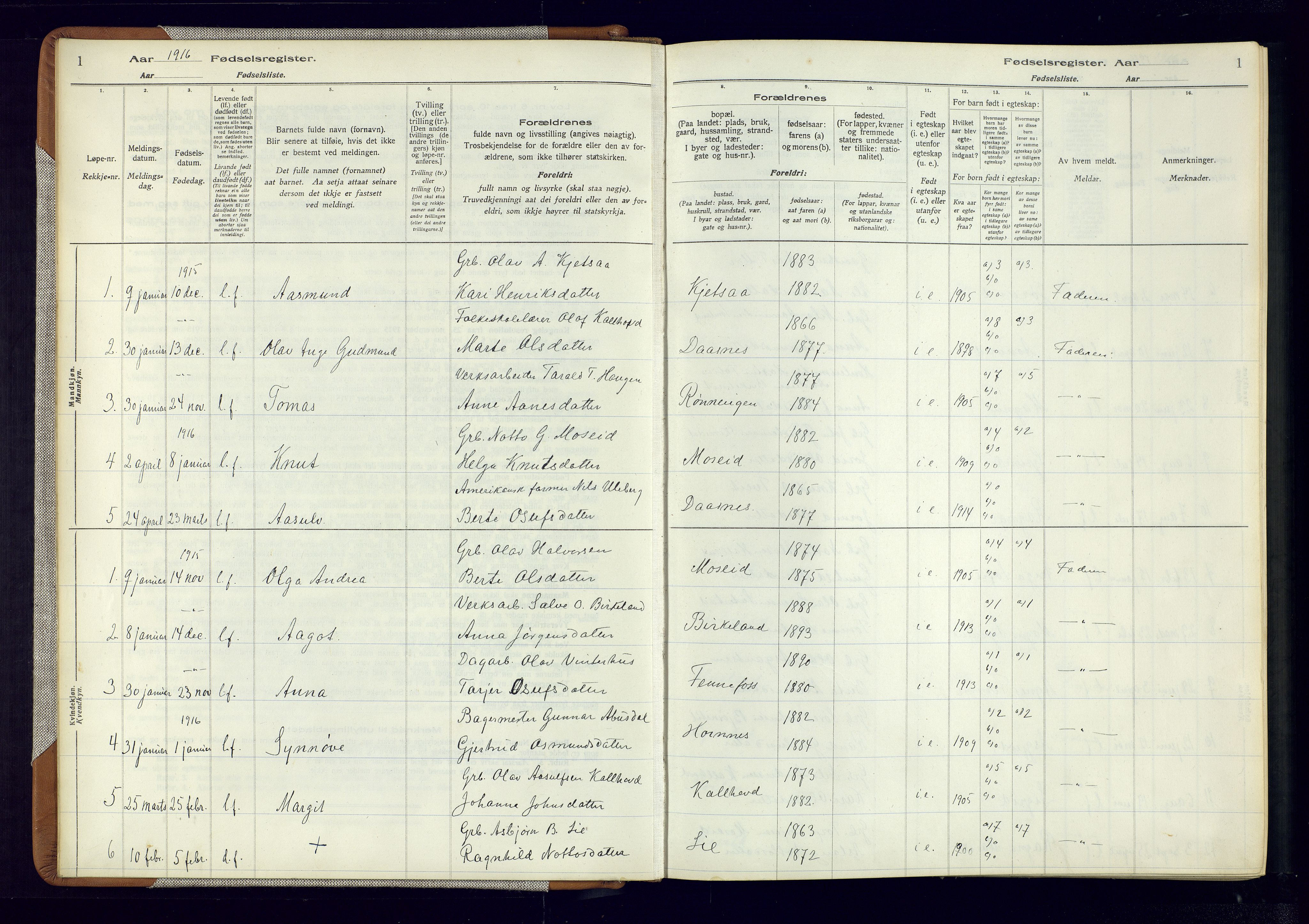 Evje sokneprestkontor, SAK/1111-0008/J/Jc/L0006: Birth register no. 6, 1916-1982, p. 1