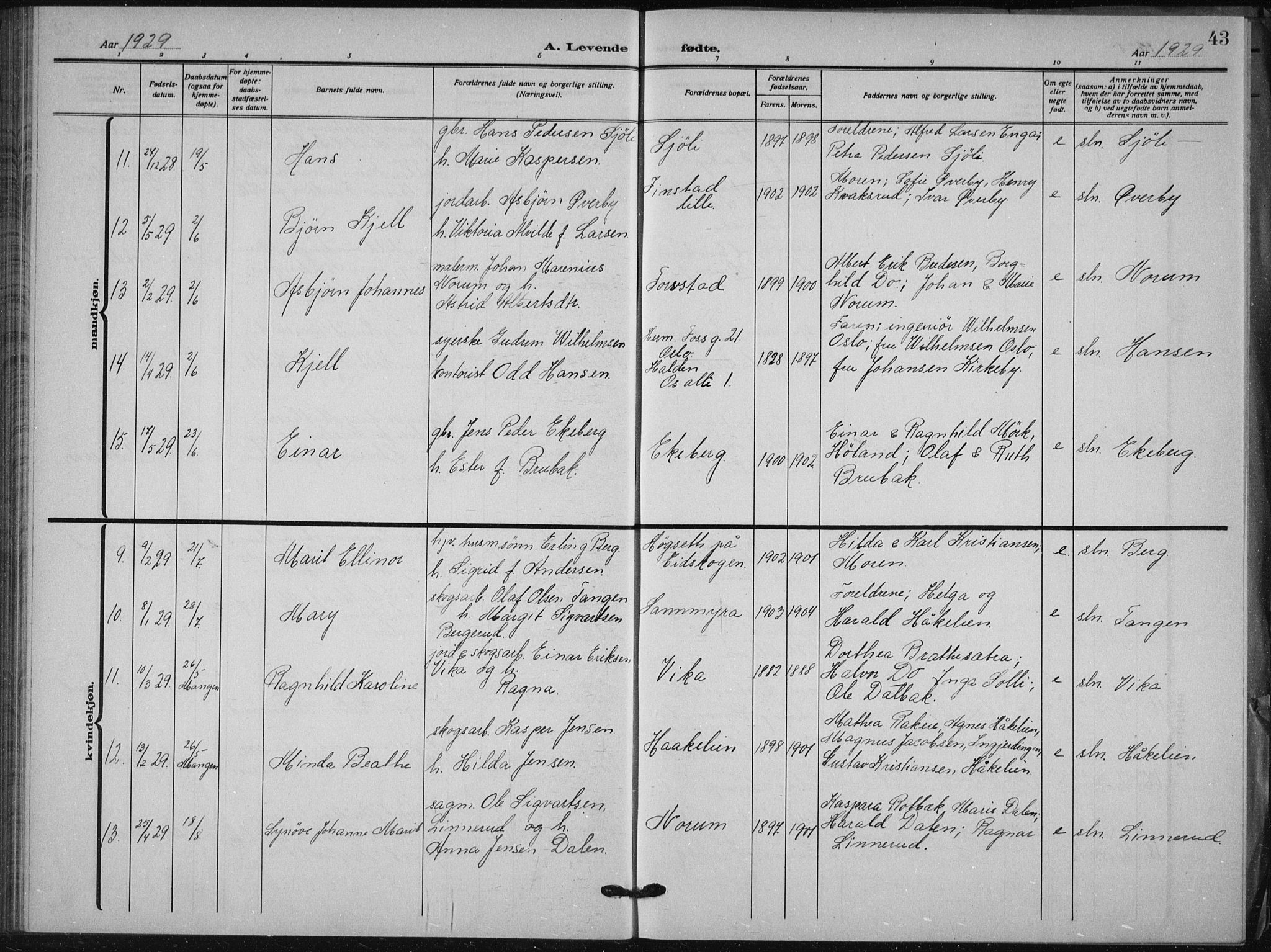 Aurskog prestekontor Kirkebøker, AV/SAO-A-10304a/G/Ga/L0006: Parish register (copy) no. I 6, 1923-1939, p. 43