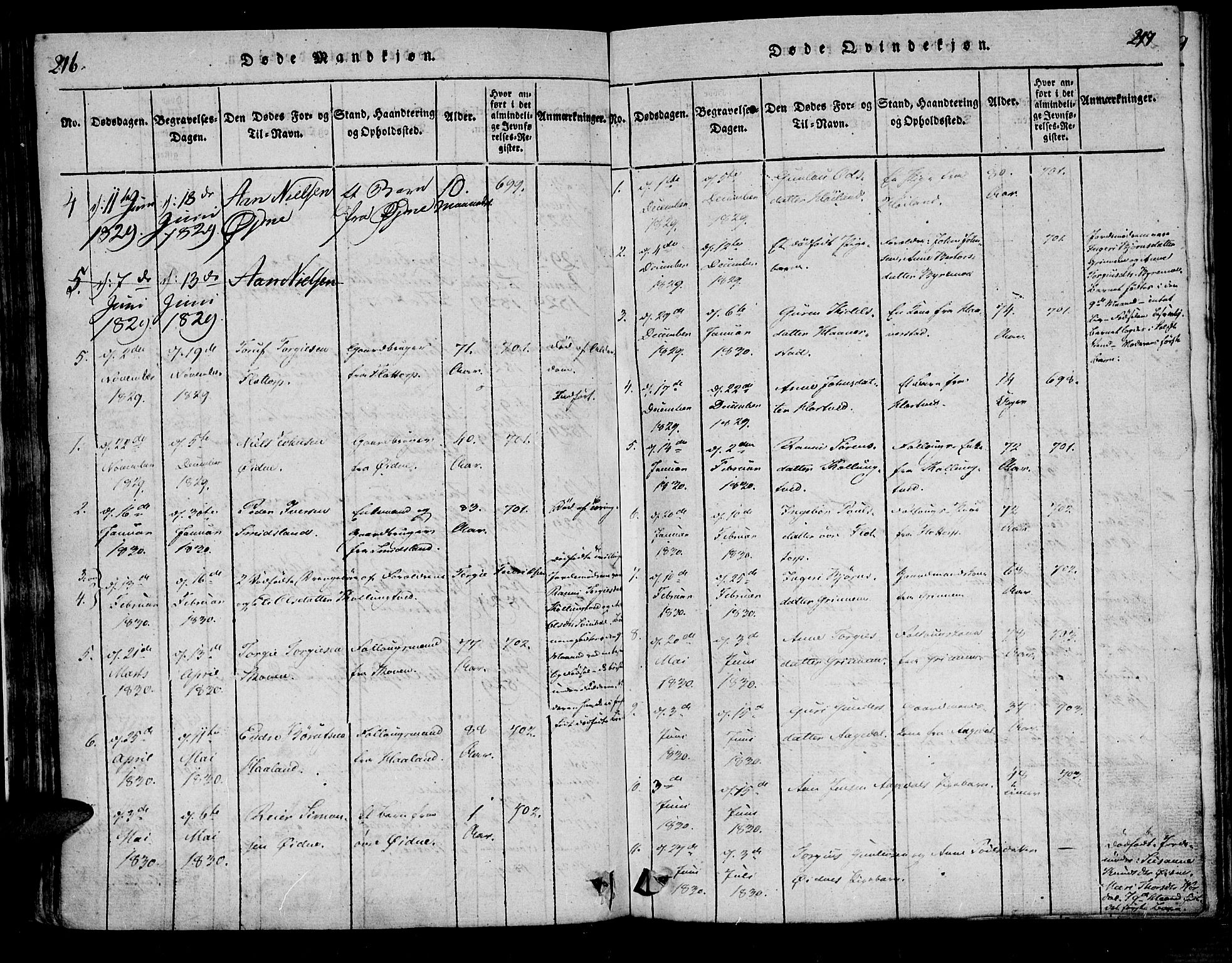 Bjelland sokneprestkontor, SAK/1111-0005/F/Fa/Fac/L0001: Parish register (official) no. A 1, 1815-1866, p. 216-217