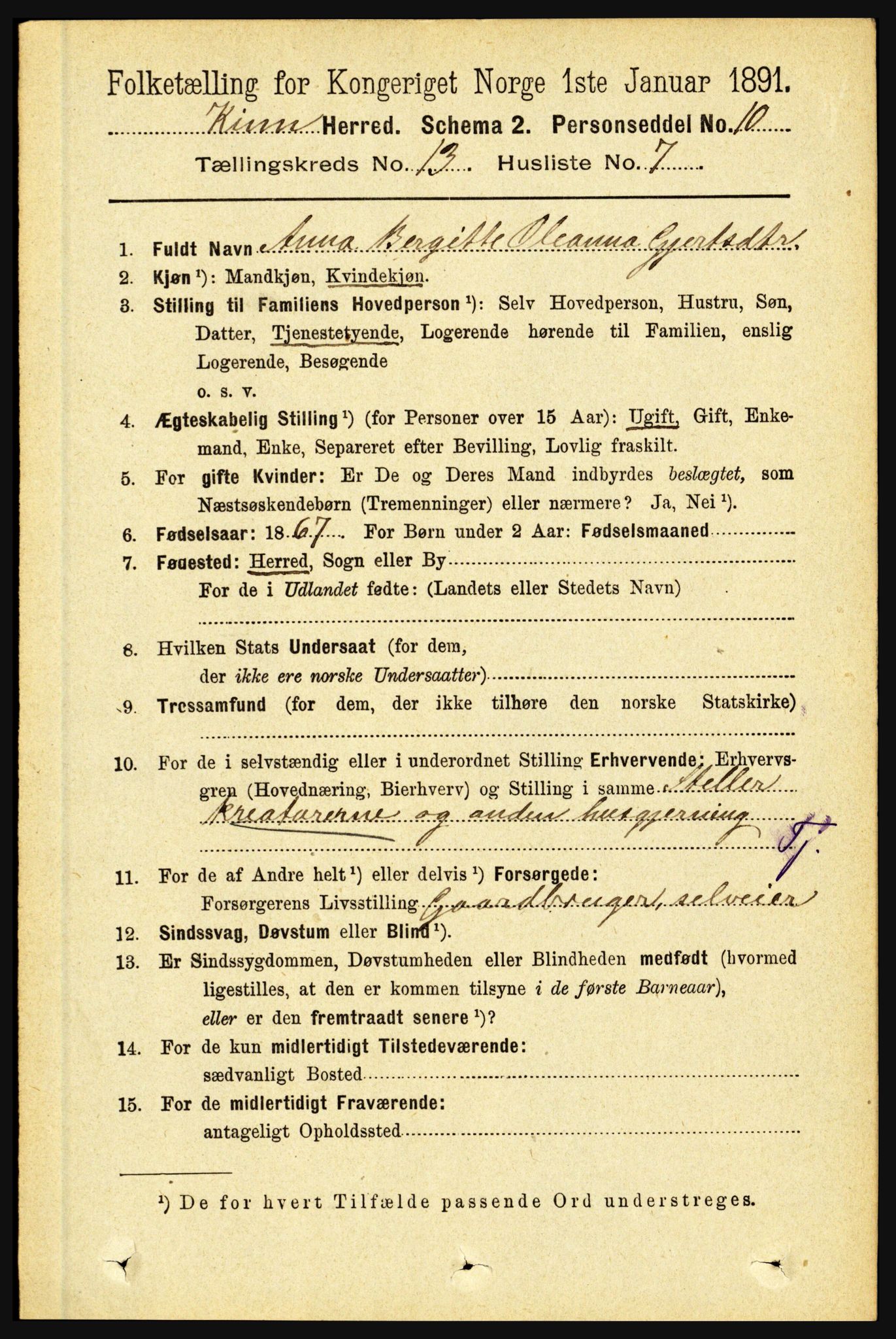 RA, 1891 census for 1437 Kinn, 1891, p. 5102
