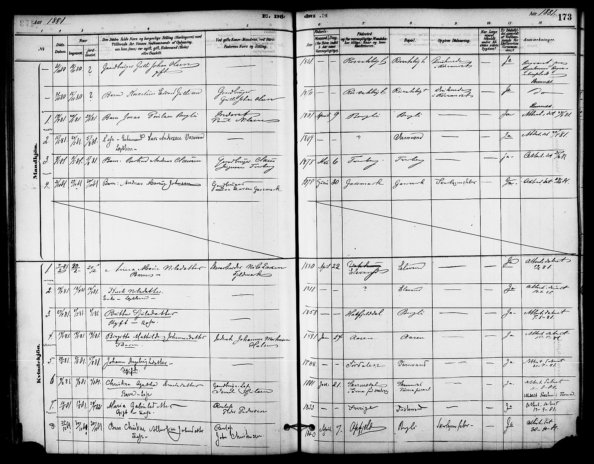 Ministerialprotokoller, klokkerbøker og fødselsregistre - Nordland, AV/SAT-A-1459/823/L0325: Parish register (official) no. 823A02, 1878-1898, p. 173