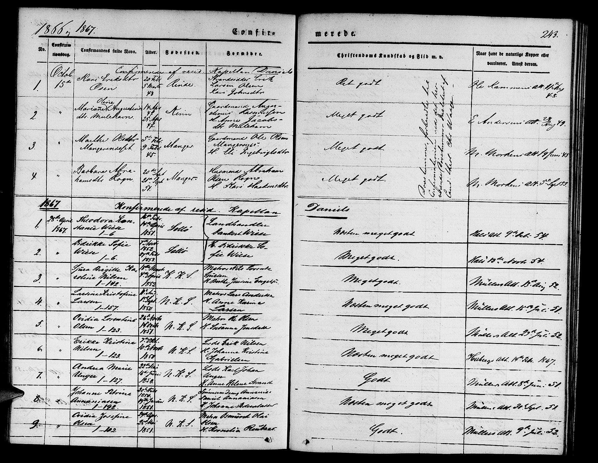 Nykirken Sokneprestembete, SAB/A-77101/H/Hab: Parish register (copy) no. C 1, 1844-1871, p. 243