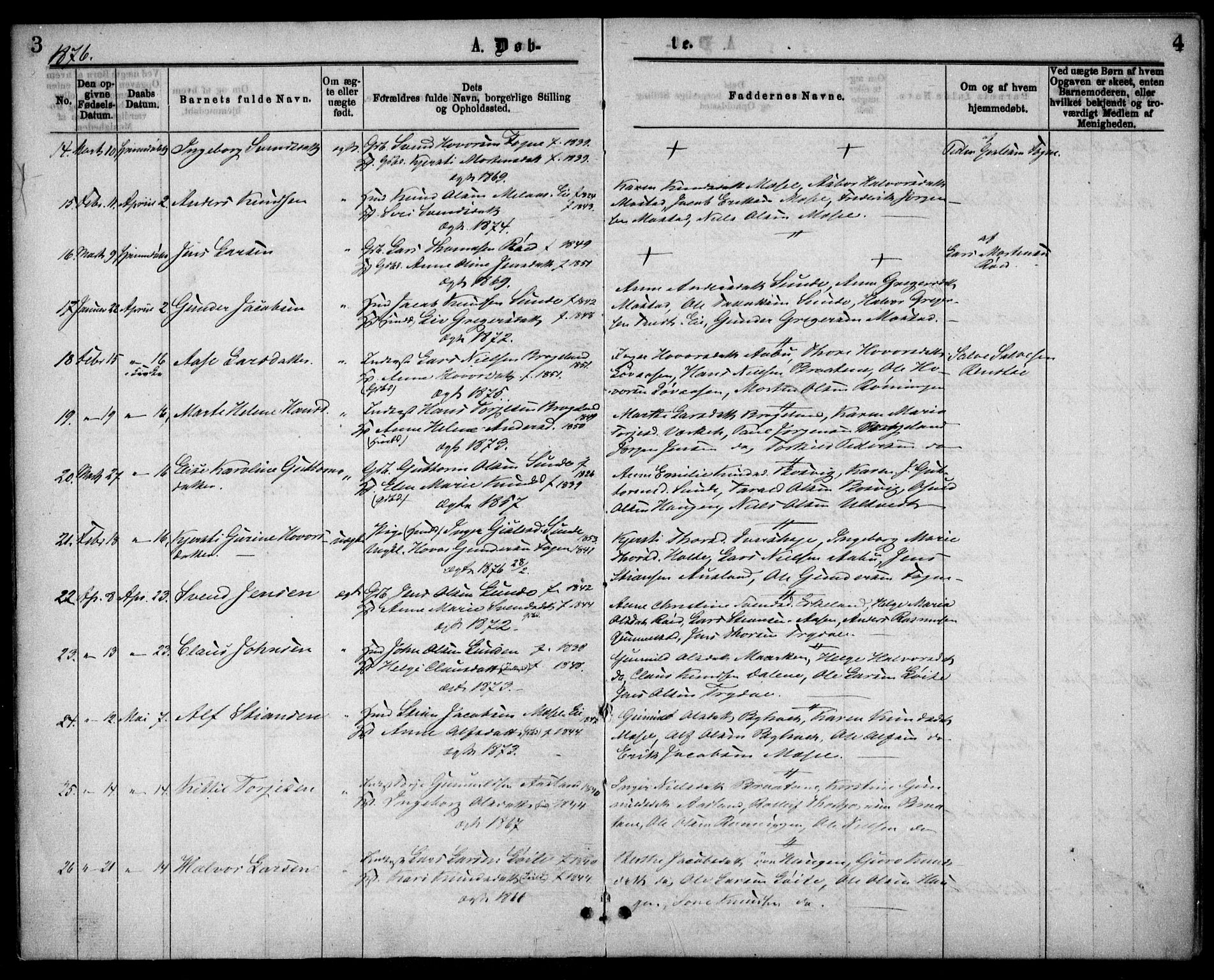 Gjerstad sokneprestkontor, SAK/1111-0014/F/Fa/Faa/L0008: Parish register (official) no. A 8, 1876-1884, p. 3-4