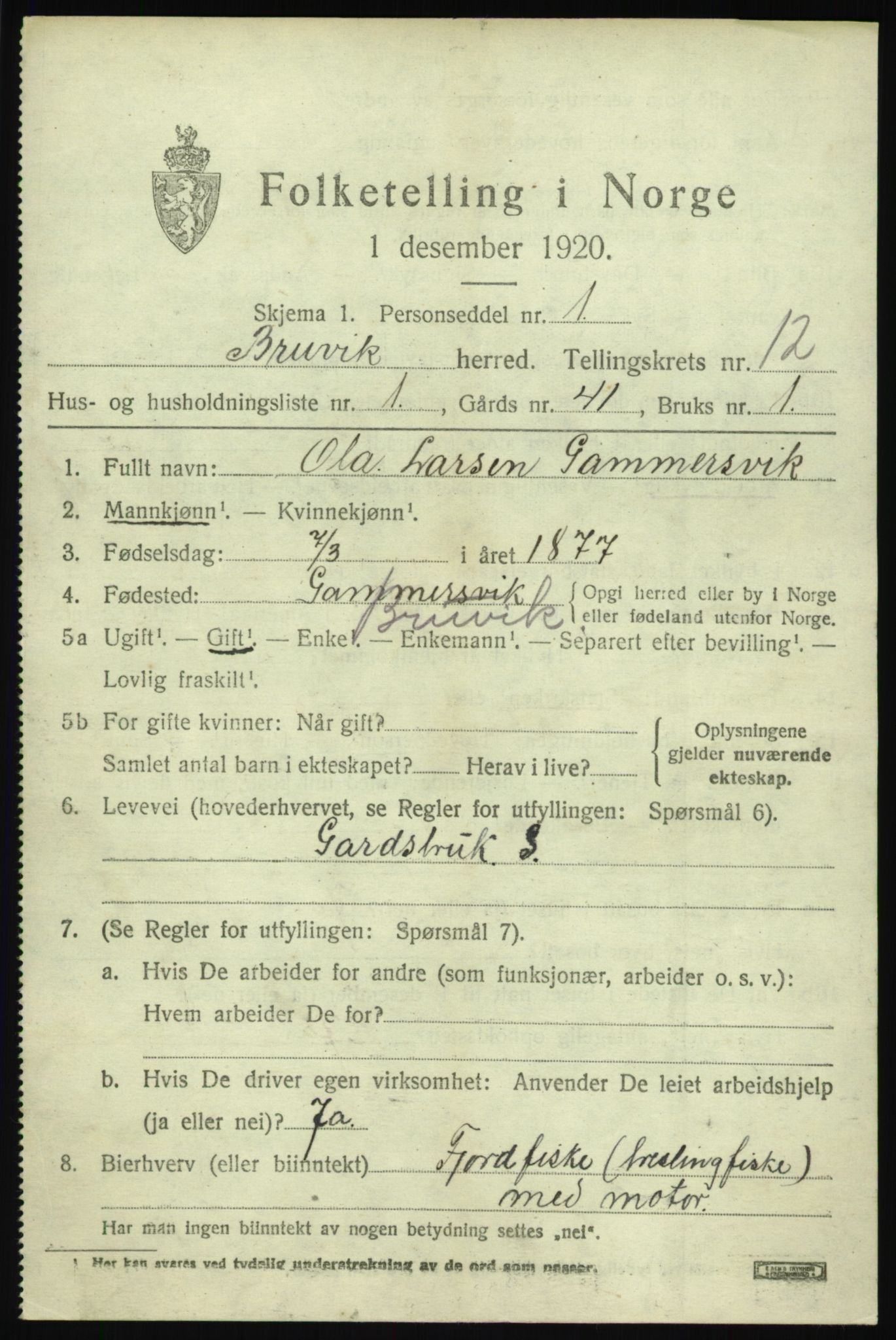 SAB, 1920 census for Bruvik, 1920, p. 7882