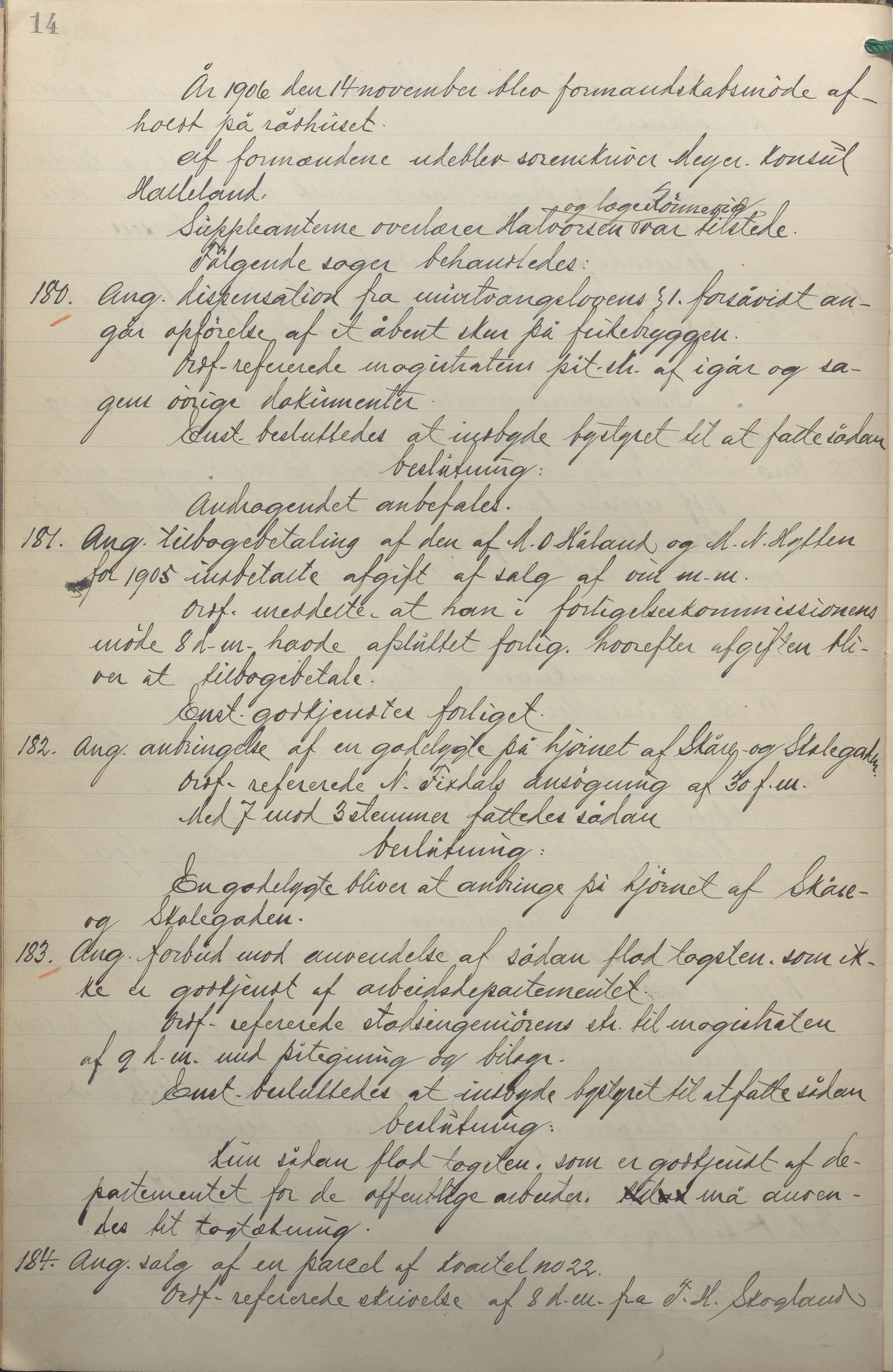 Haugesund kommune - Formannskapet, IKAR/X-0001/A/L0009: Møtebok, 1906-1910, p. 14