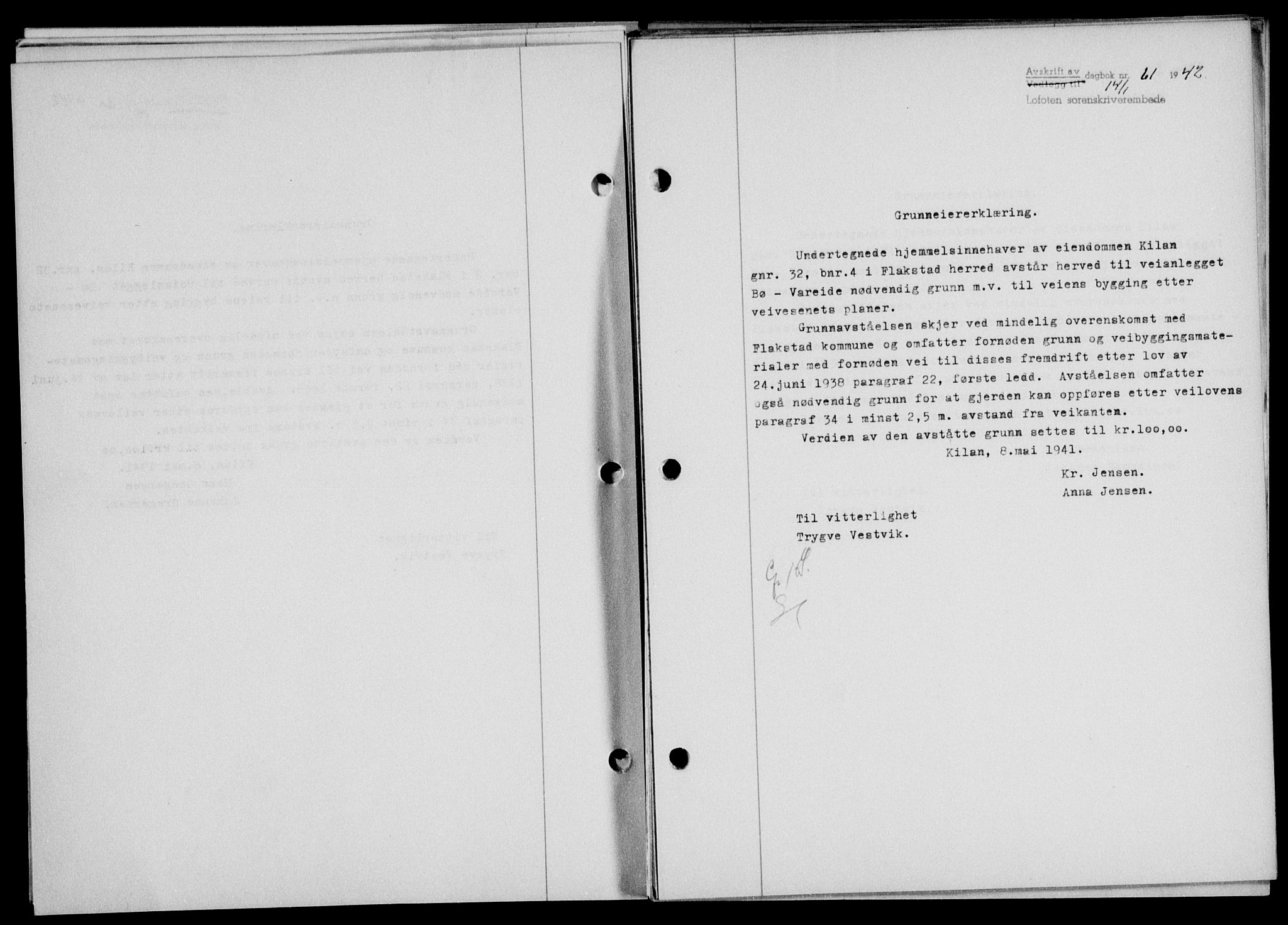 Lofoten sorenskriveri, SAT/A-0017/1/2/2C/L0009a: Mortgage book no. 9a, 1941-1942, Diary no: : 61/1942