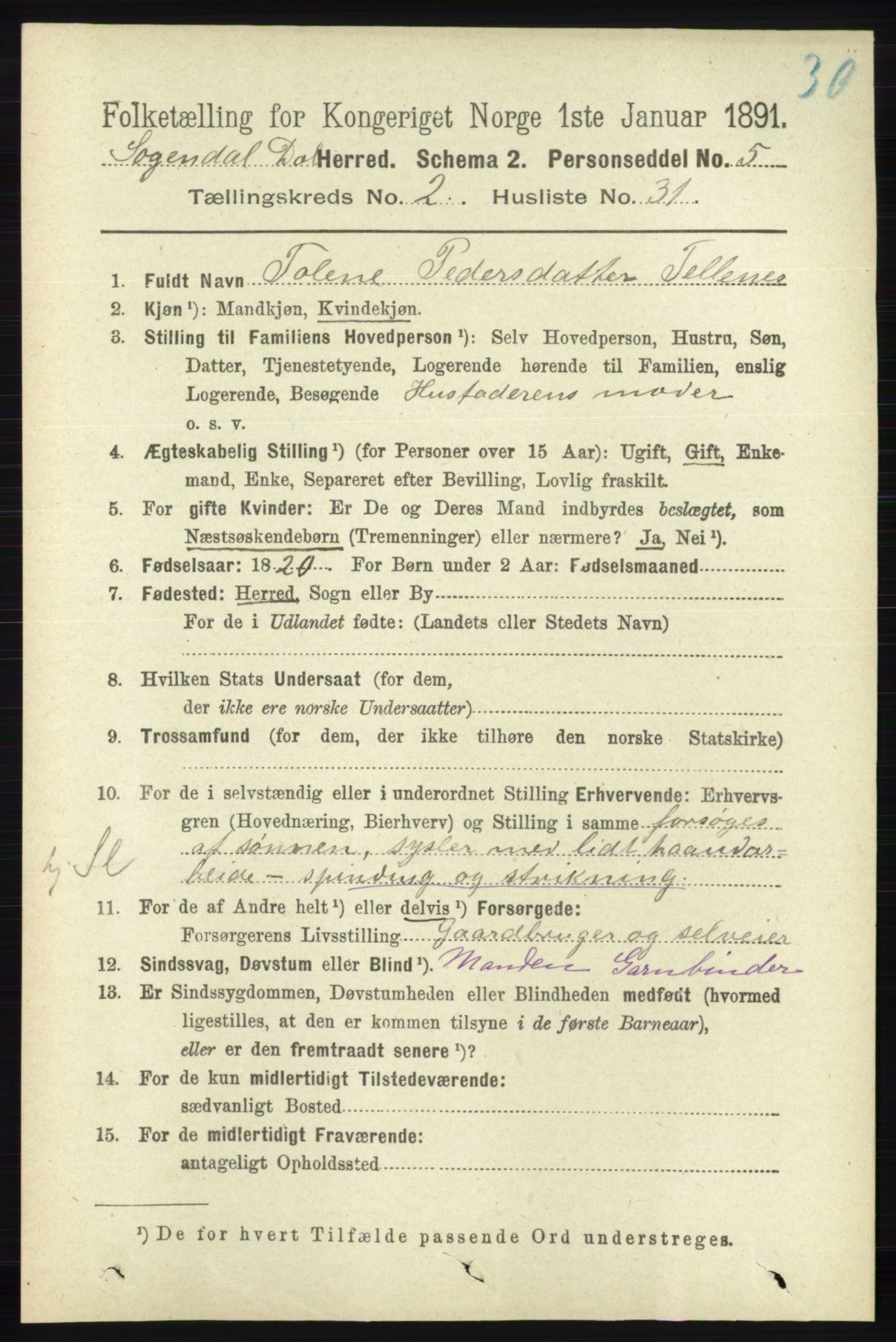 RA, 1891 census for 1111 Sokndal, 1891, p. 661