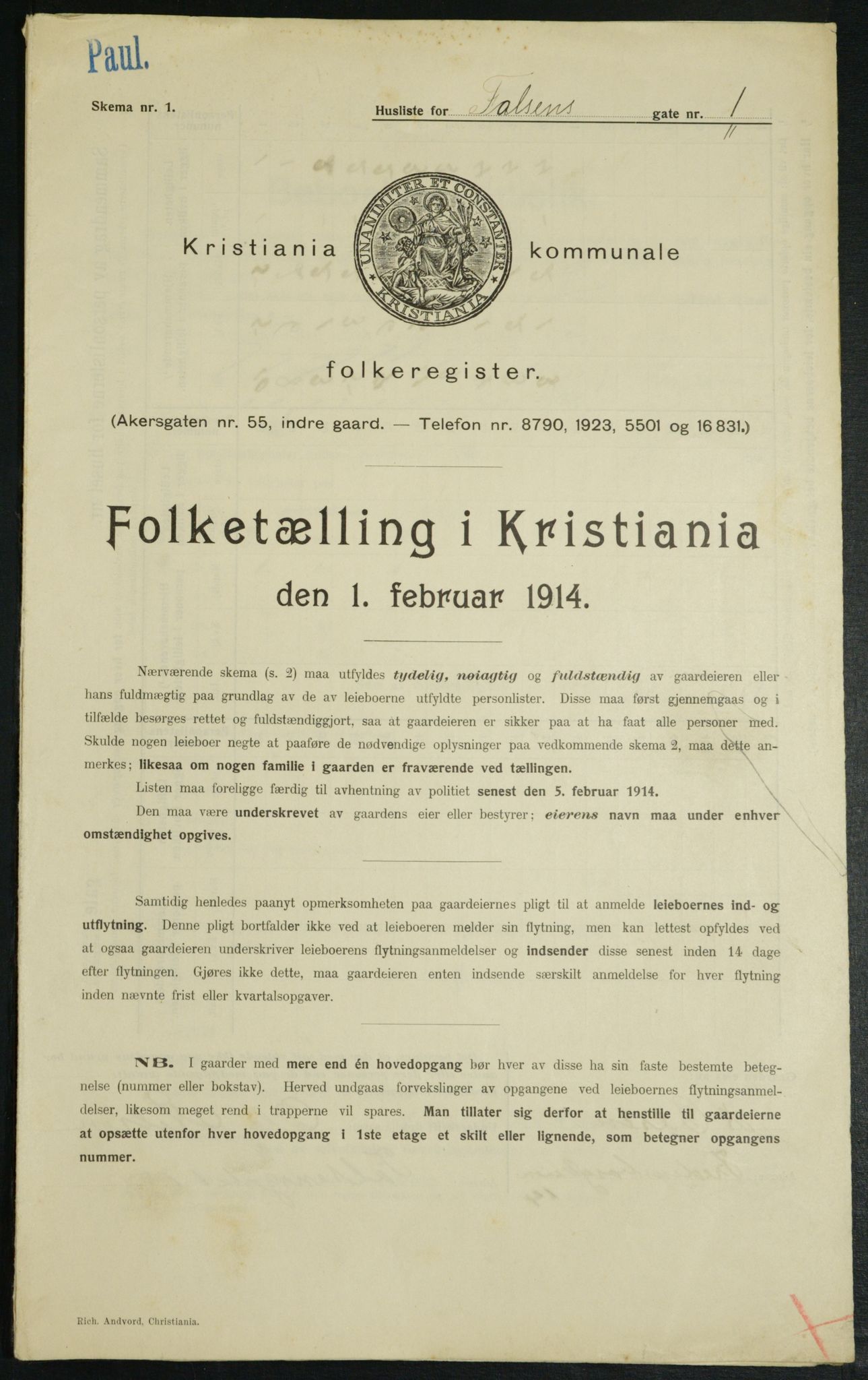 OBA, Municipal Census 1914 for Kristiania, 1914, p. 23407