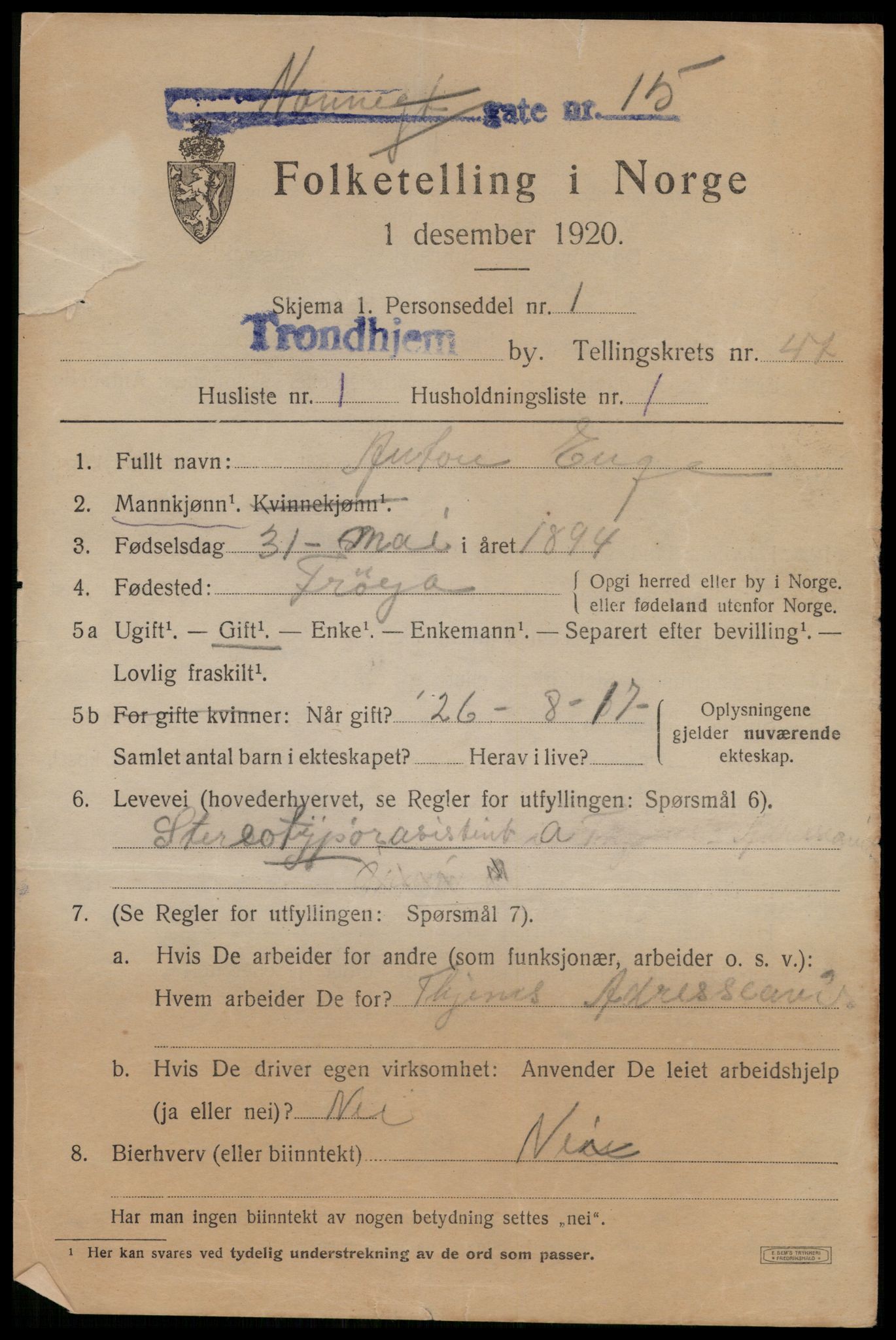 SAT, 1920 census for Trondheim, 1920, p. 99242