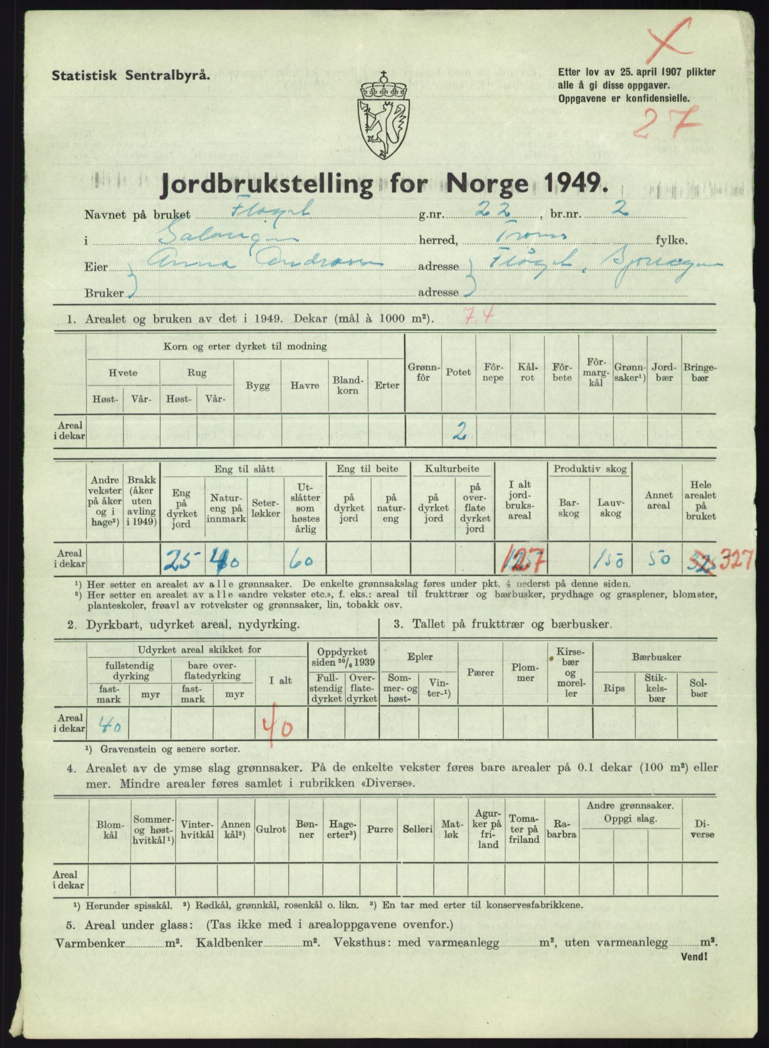 Statistisk sentralbyrå, Næringsøkonomiske emner, Jordbruk, skogbruk, jakt, fiske og fangst, AV/RA-S-2234/G/Gc/L0438: Troms: Salangen og Bardu, 1949, p. 910