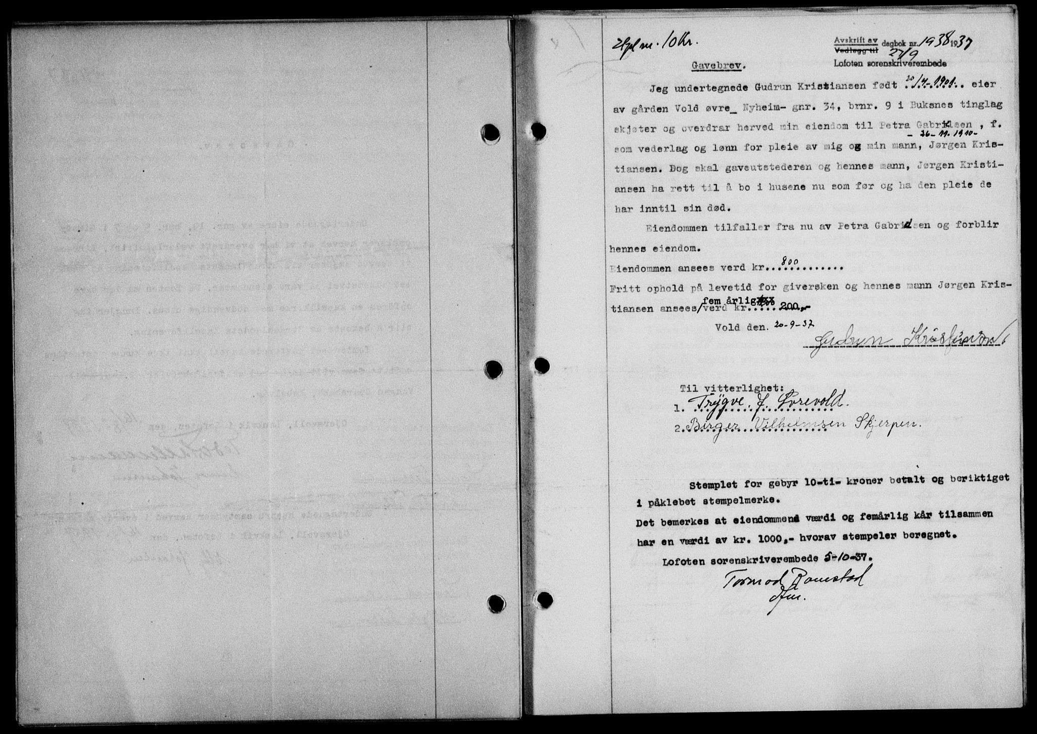 Lofoten sorenskriveri, SAT/A-0017/1/2/2C/L0002a: Mortgage book no. 2a, 1937-1937, Diary no: : 1938/1937