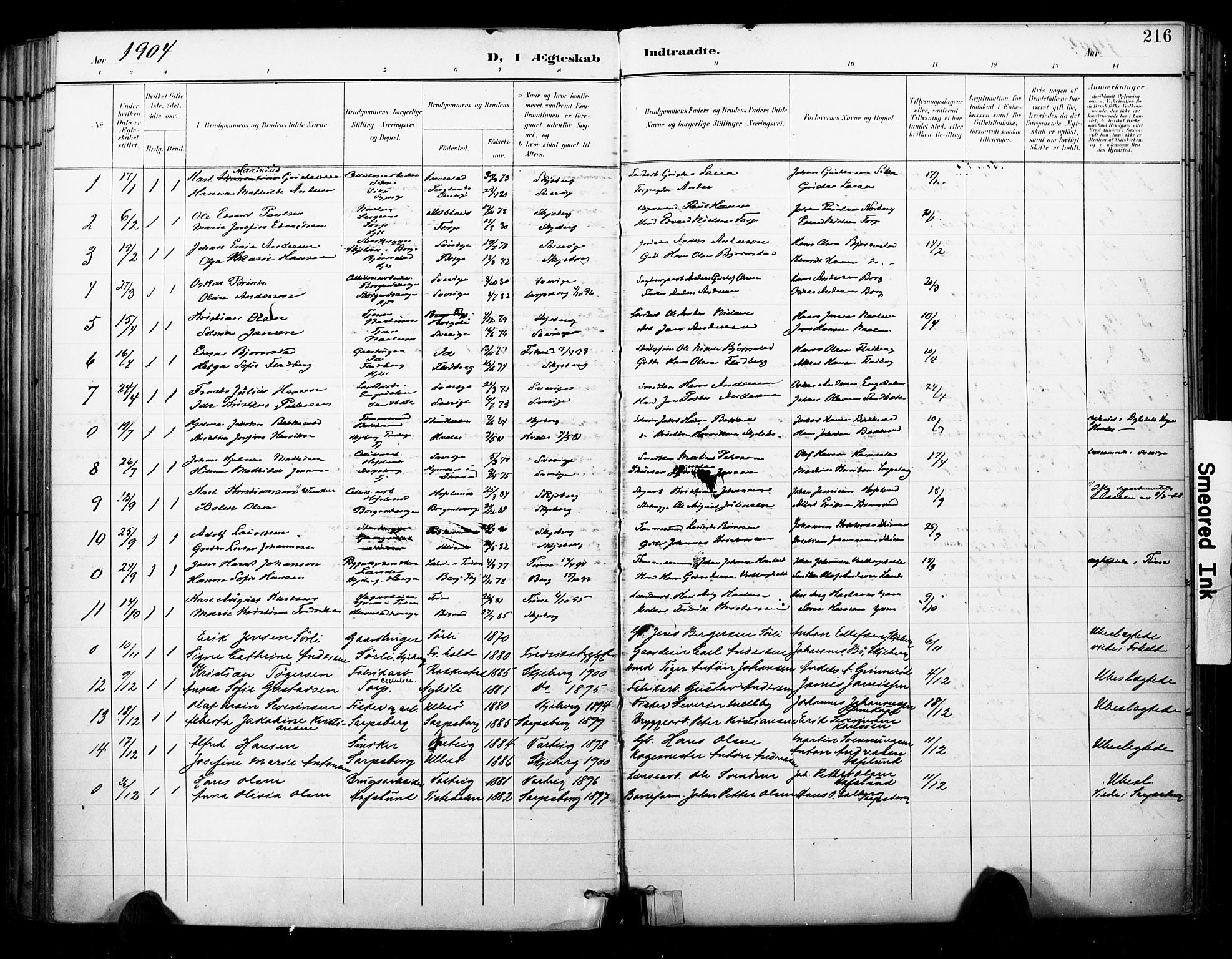 Skjeberg prestekontor Kirkebøker, SAO/A-10923/F/Fa/L0010: Parish register (official) no. I 10, 1898-1911, p. 216