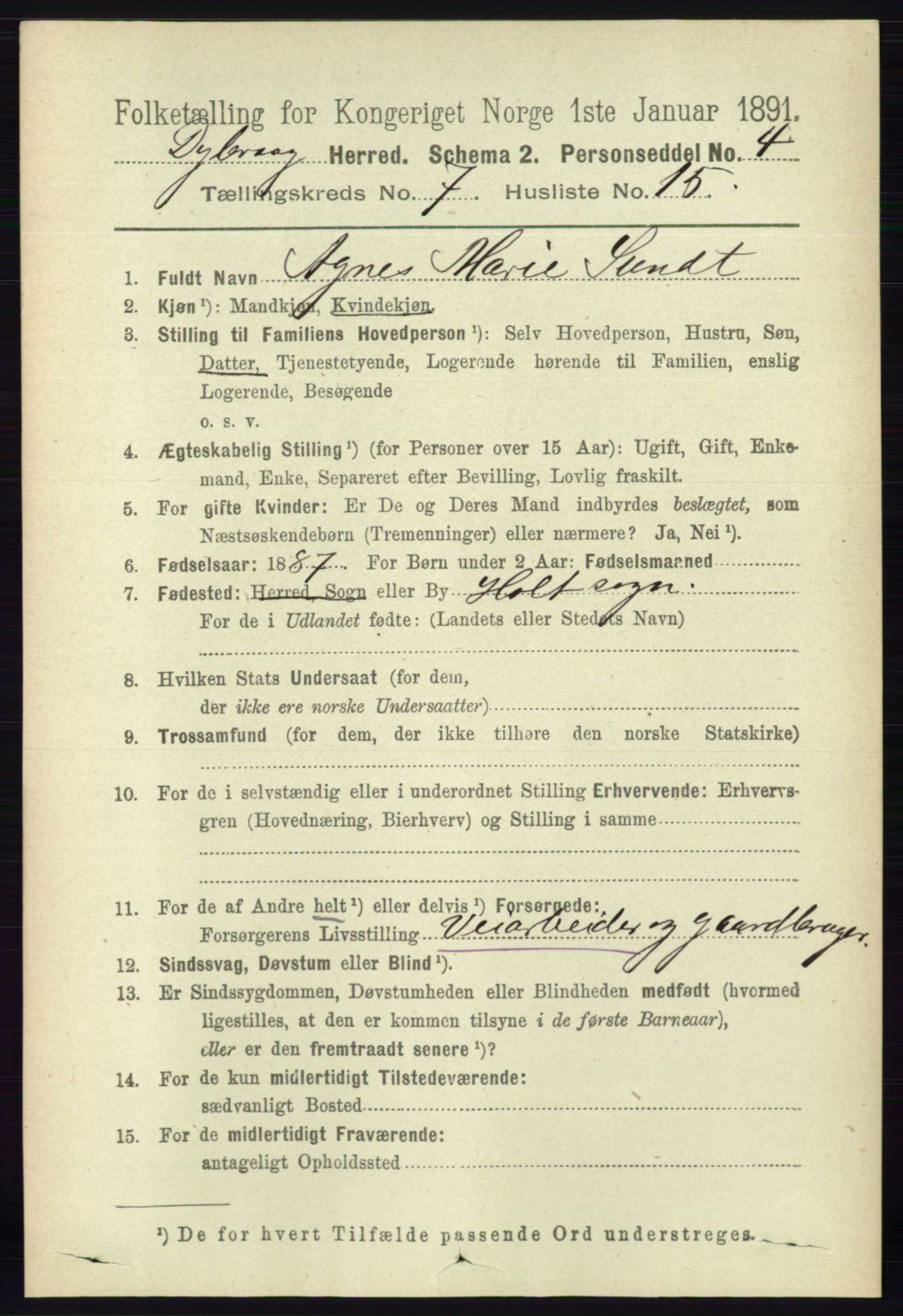 RA, 1891 census for 0915 Dypvåg, 1891, p. 2479