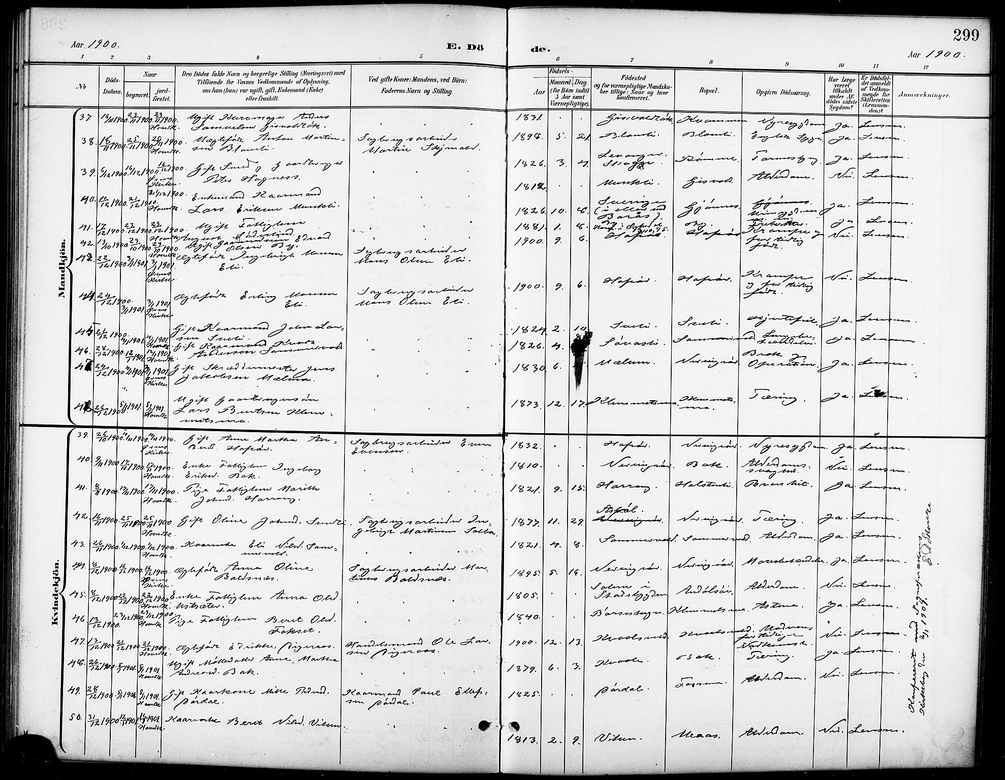 Ministerialprotokoller, klokkerbøker og fødselsregistre - Sør-Trøndelag, SAT/A-1456/668/L0819: Parish register (copy) no. 668C08, 1899-1912, p. 299