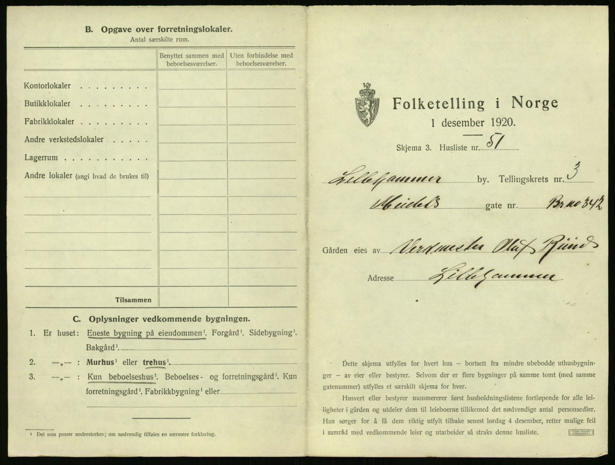 SAH, 1920 census for Lillehammer, 1920, p. 406