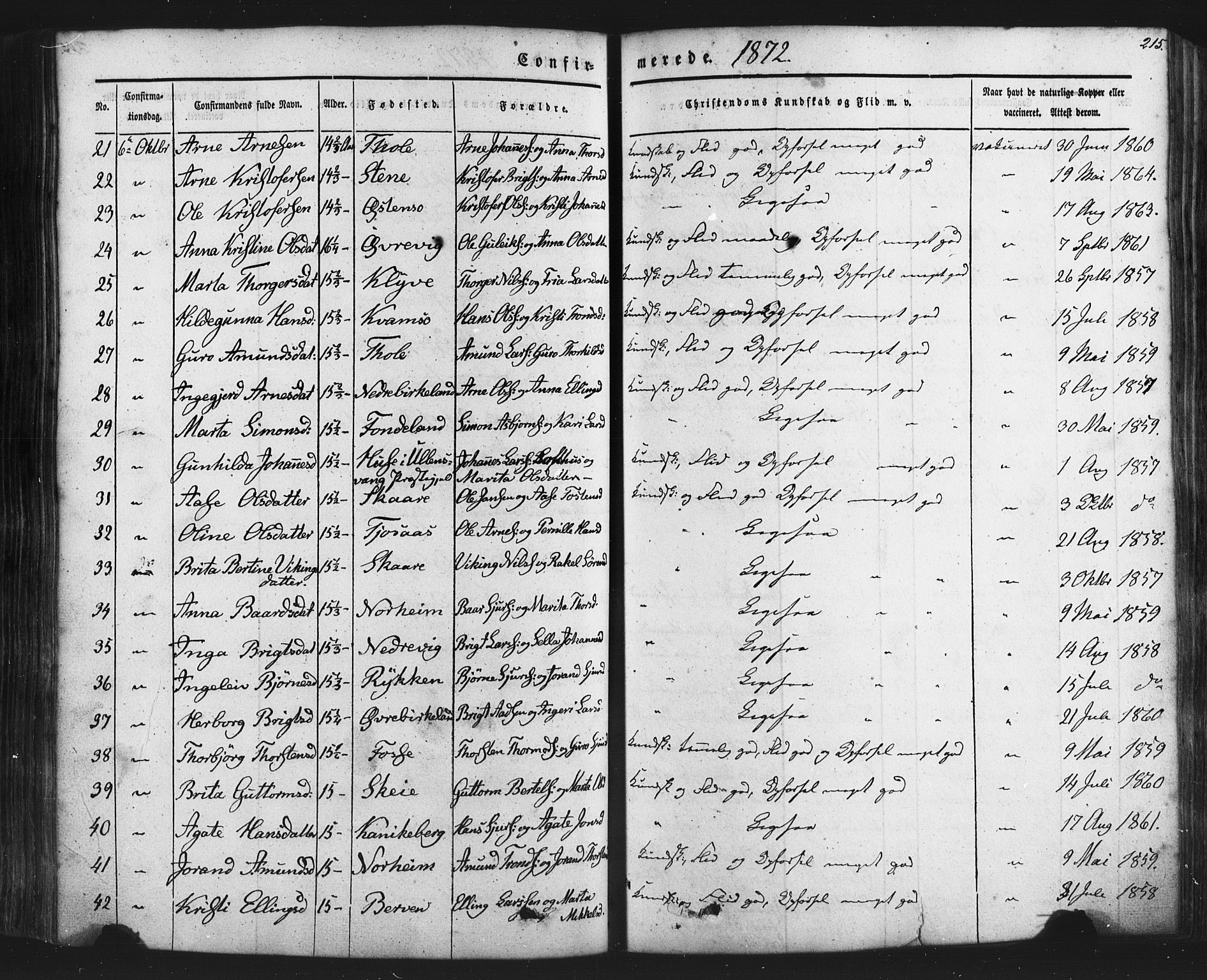 Kvam sokneprestembete, AV/SAB-A-76201/H/Haa: Parish register (official) no. A 9, 1864-1879, p. 215