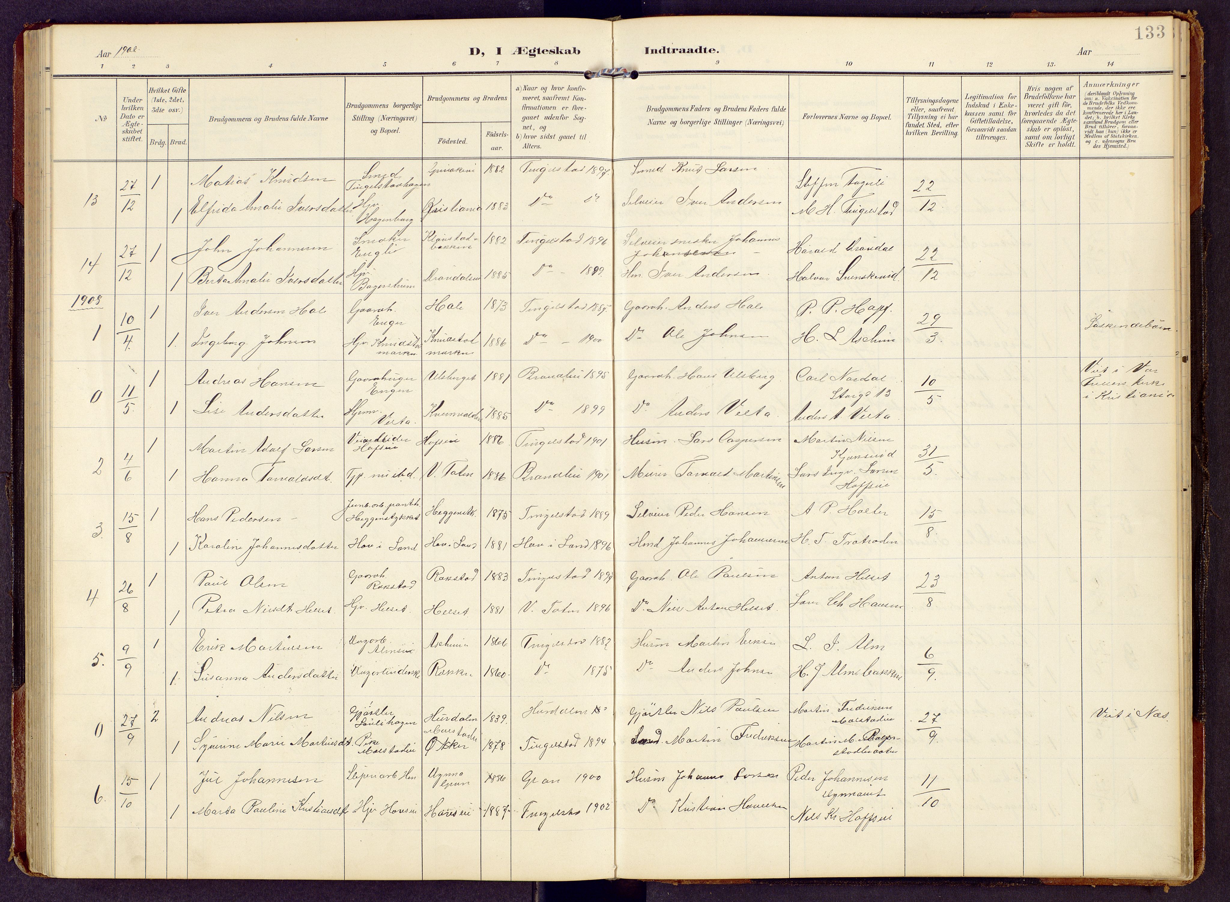 Brandbu prestekontor, SAH/PREST-114/H/Ha/Hab/L0009: Parish register (copy) no. 9, 1903-1916, p. 133