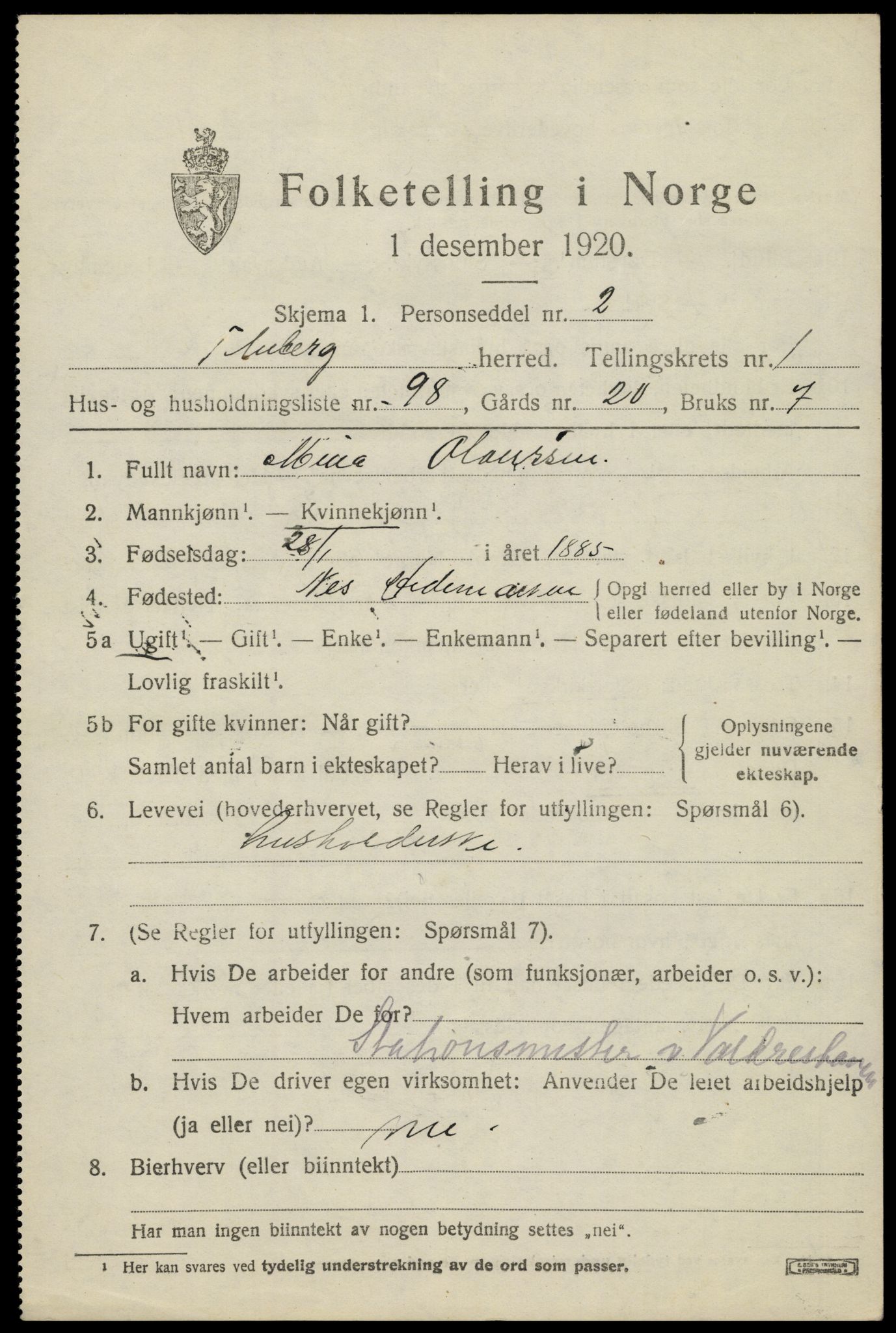 SAH, 1920 census for Fluberg, 1920, p. 1962