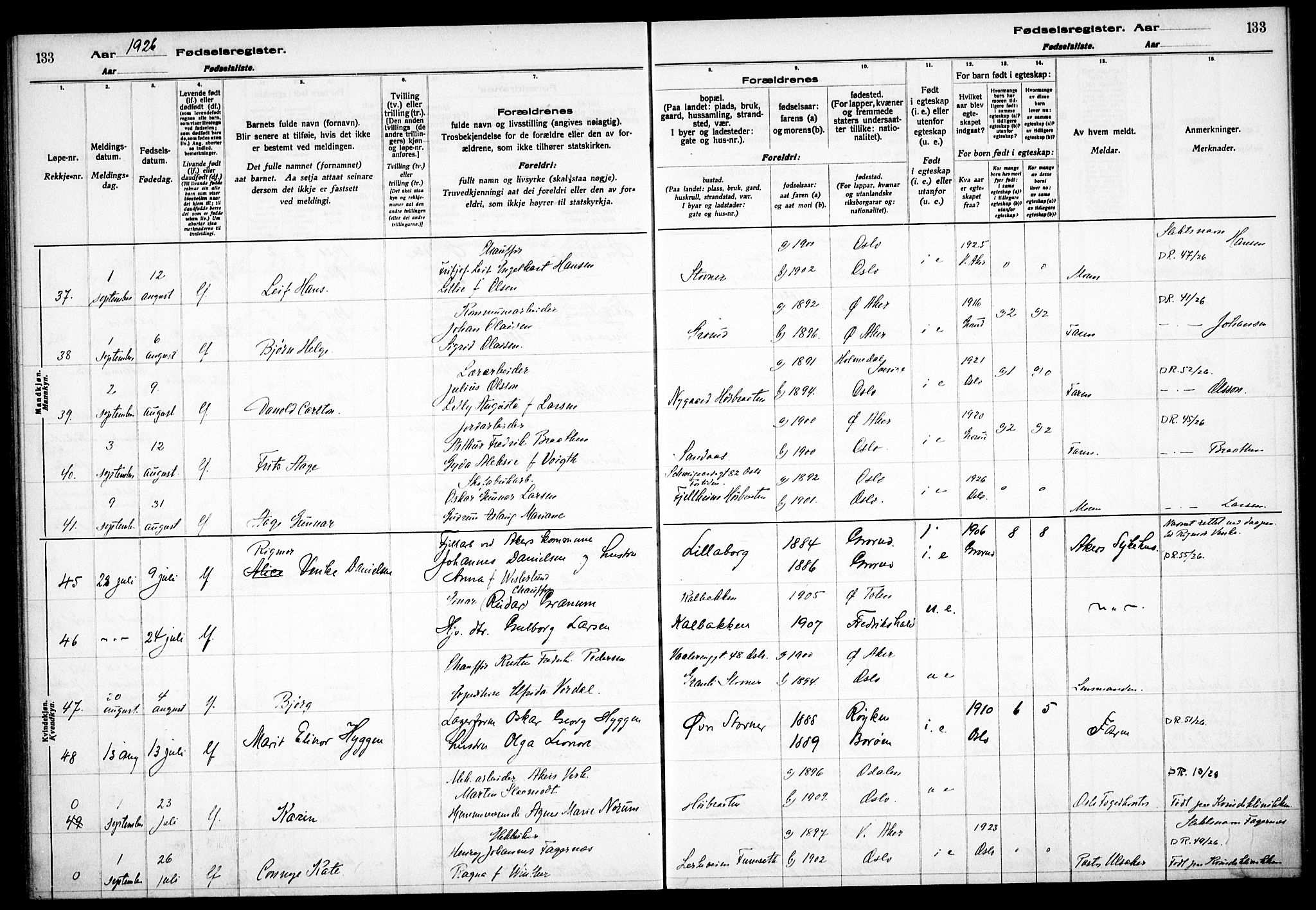 Østre Aker prestekontor Kirkebøker, AV/SAO-A-10840/J/Jb/L0001: Birth register no. II 1, 1916-1932, p. 133