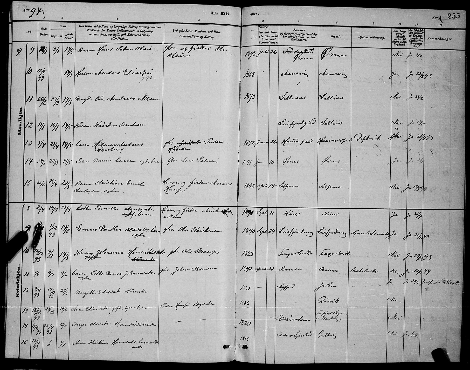 Ministerialprotokoller, klokkerbøker og fødselsregistre - Nordland, AV/SAT-A-1459/853/L0772: Parish register (official) no. 853A11, 1881-1900, p. 255