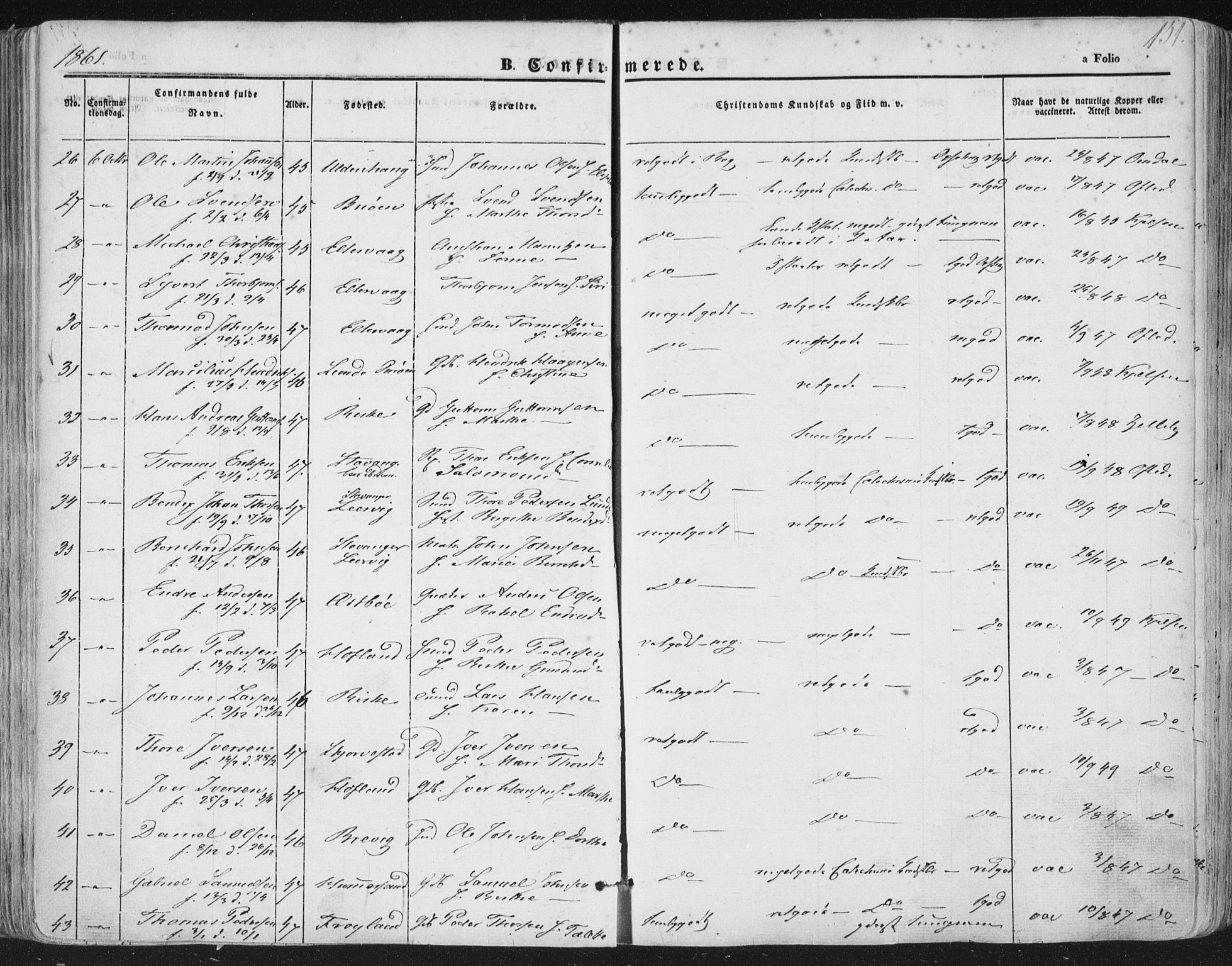 Hetland sokneprestkontor, AV/SAST-A-101826/30/30BA/L0002: Parish register (official) no. A 2, 1849-1869, p. 151
