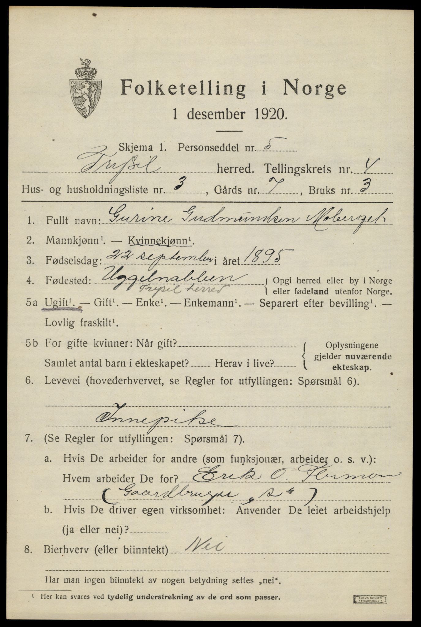 SAH, 1920 census for Trysil, 1920, p. 4111