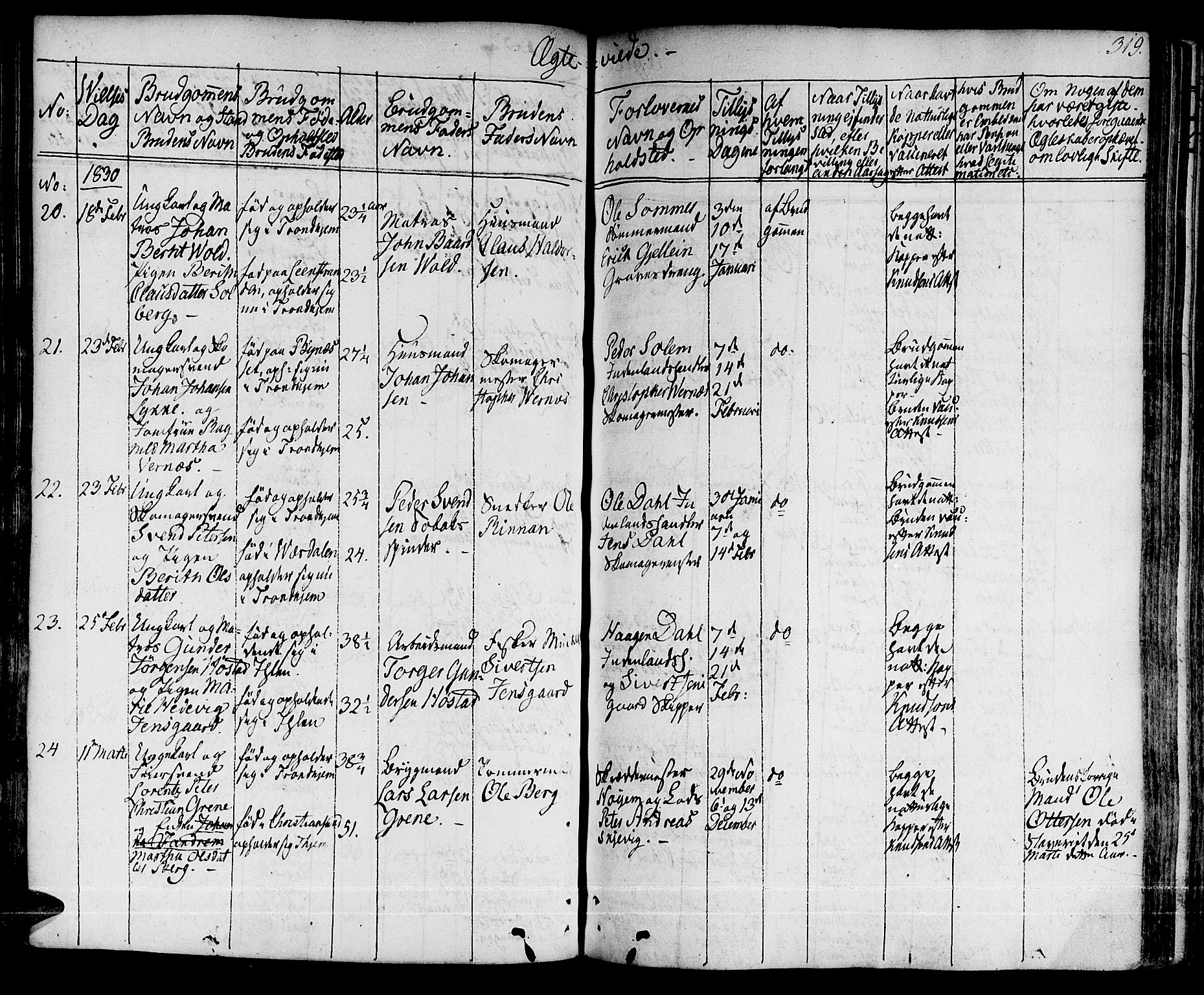 Ministerialprotokoller, klokkerbøker og fødselsregistre - Sør-Trøndelag, AV/SAT-A-1456/601/L0045: Parish register (official) no. 601A13, 1821-1831, p. 319