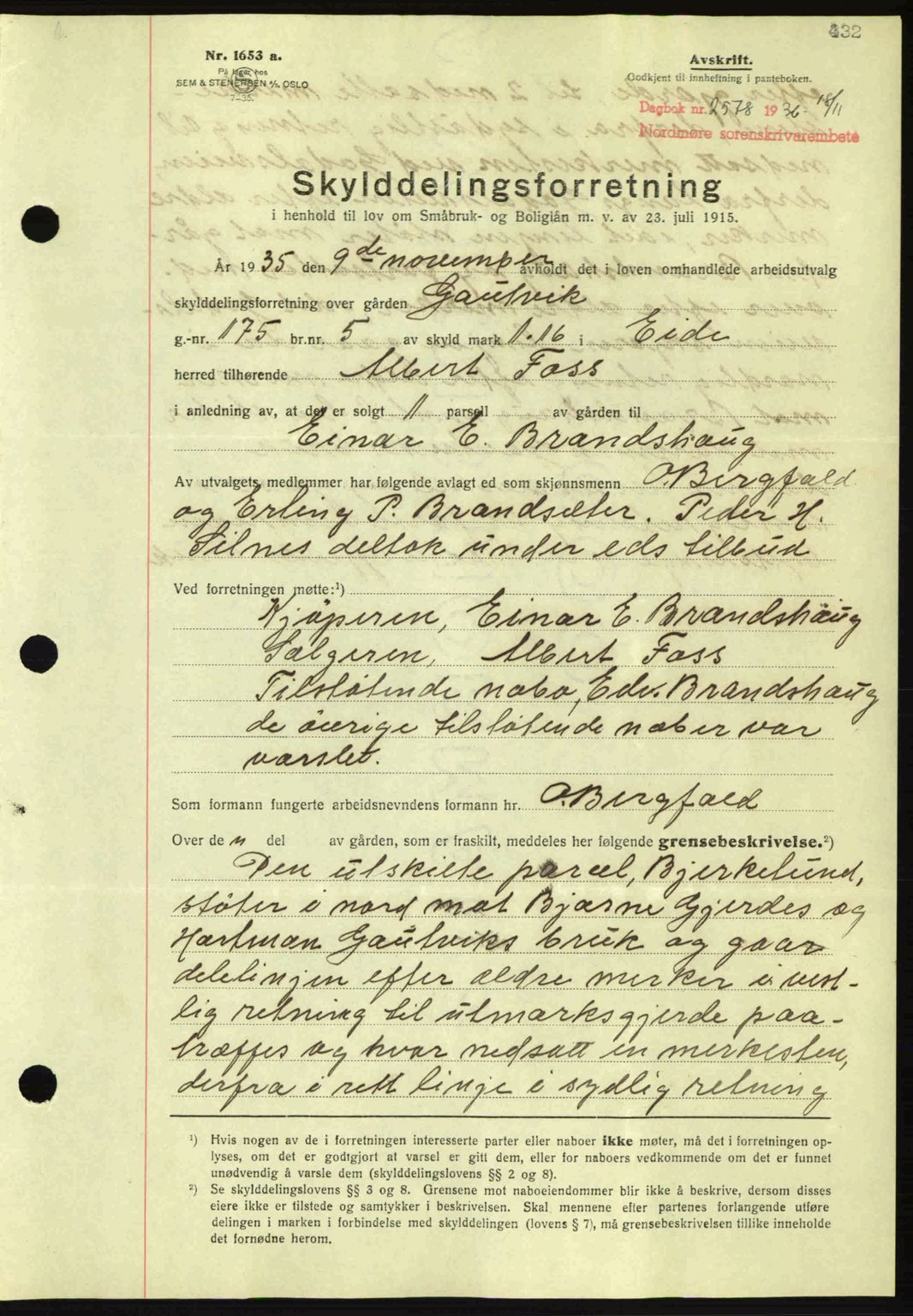 Nordmøre sorenskriveri, AV/SAT-A-4132/1/2/2Ca: Mortgage book no. A80, 1936-1937, Diary no: : 2578/1936