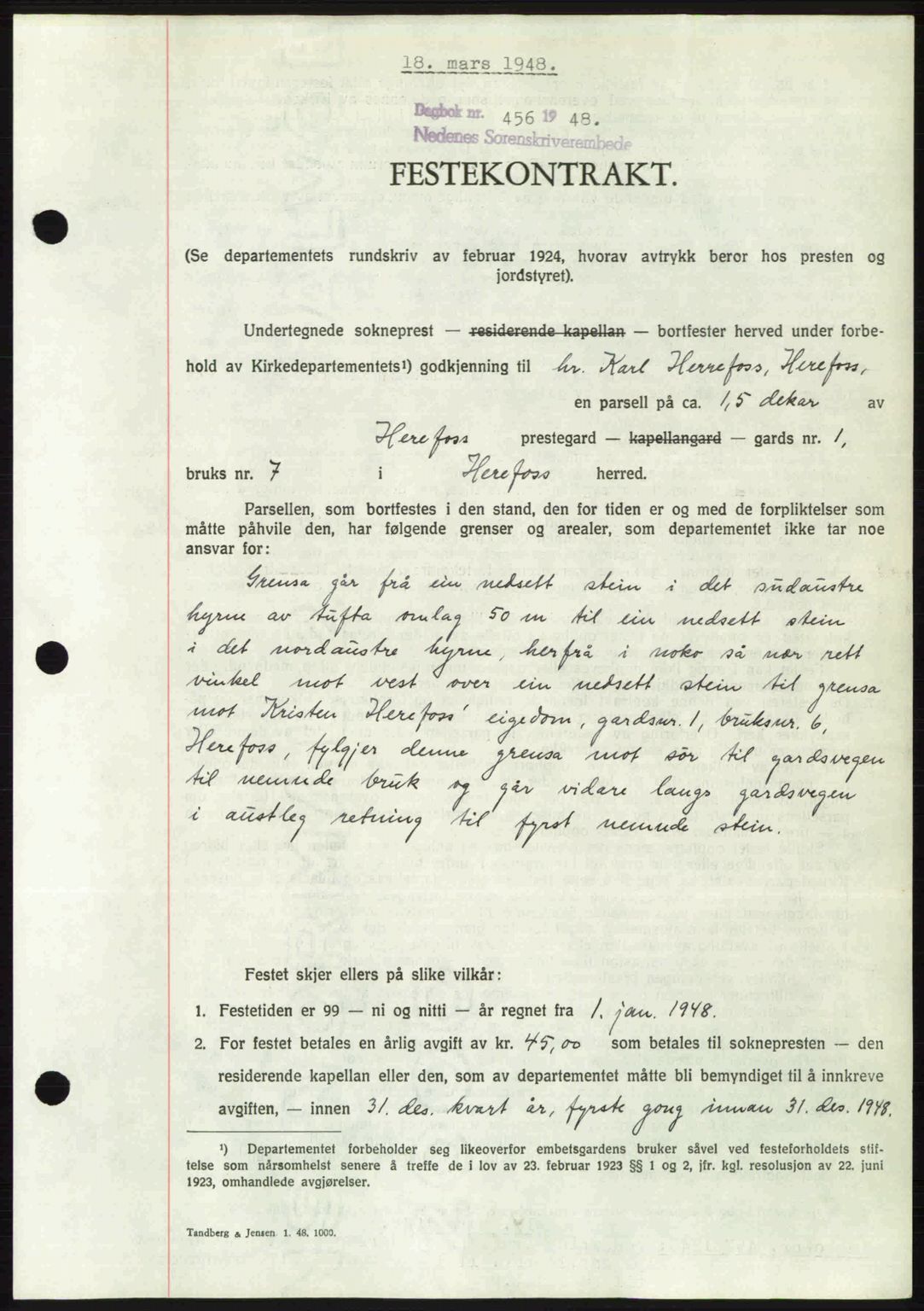 Nedenes sorenskriveri, SAK/1221-0006/G/Gb/Gba/L0059: Mortgage book no. A11, 1948-1948, Diary no: : 456/1948