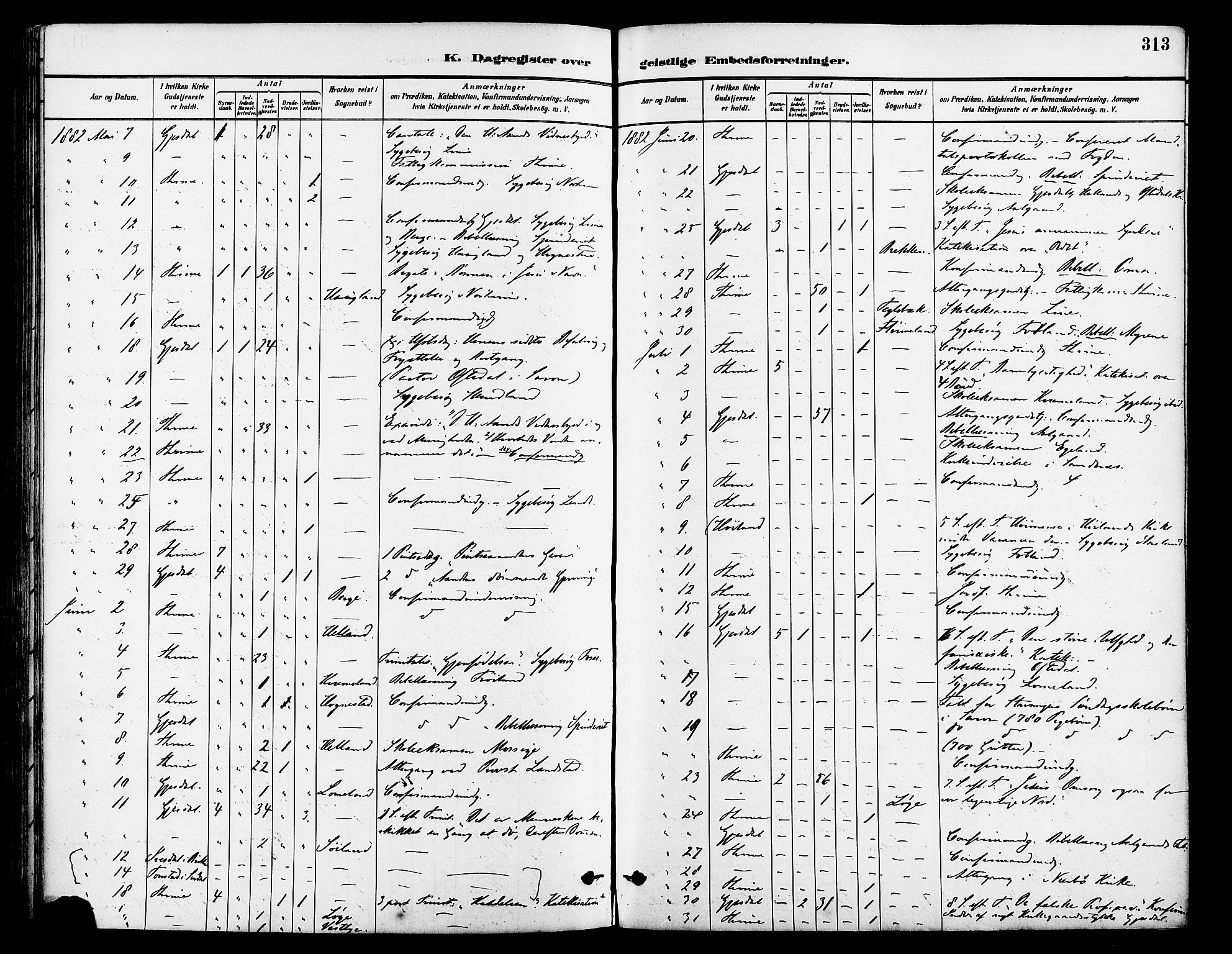 Lye sokneprestkontor, AV/SAST-A-101794/001/30BA/L0009: Parish register (official) no. A 8, 1881-1892, p. 313