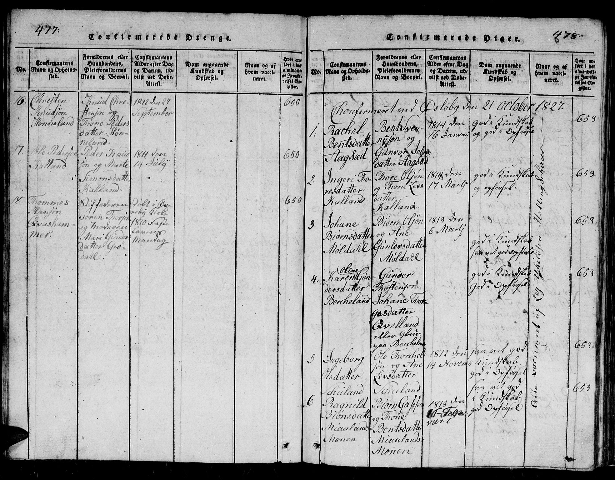 Holum sokneprestkontor, SAK/1111-0022/F/Fb/Fbb/L0001: Parish register (copy) no. B 1, 1820-1847, p. 477-478