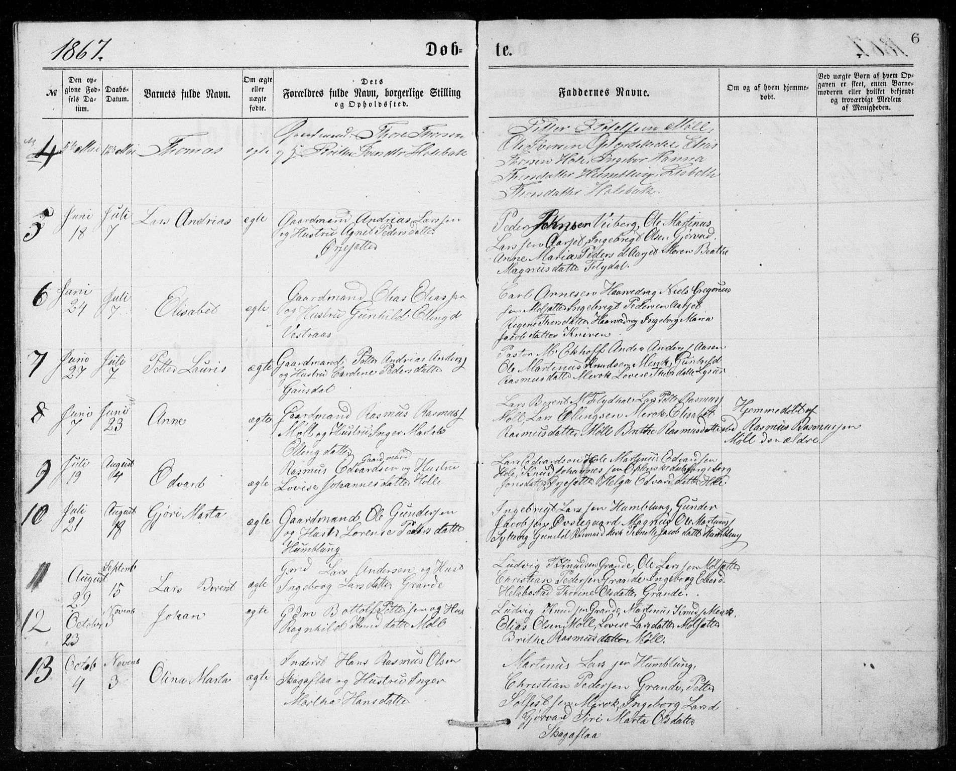 Ministerialprotokoller, klokkerbøker og fødselsregistre - Møre og Romsdal, AV/SAT-A-1454/518/L0235: Parish register (copy) no. 518C02, 1867-1888, p. 6