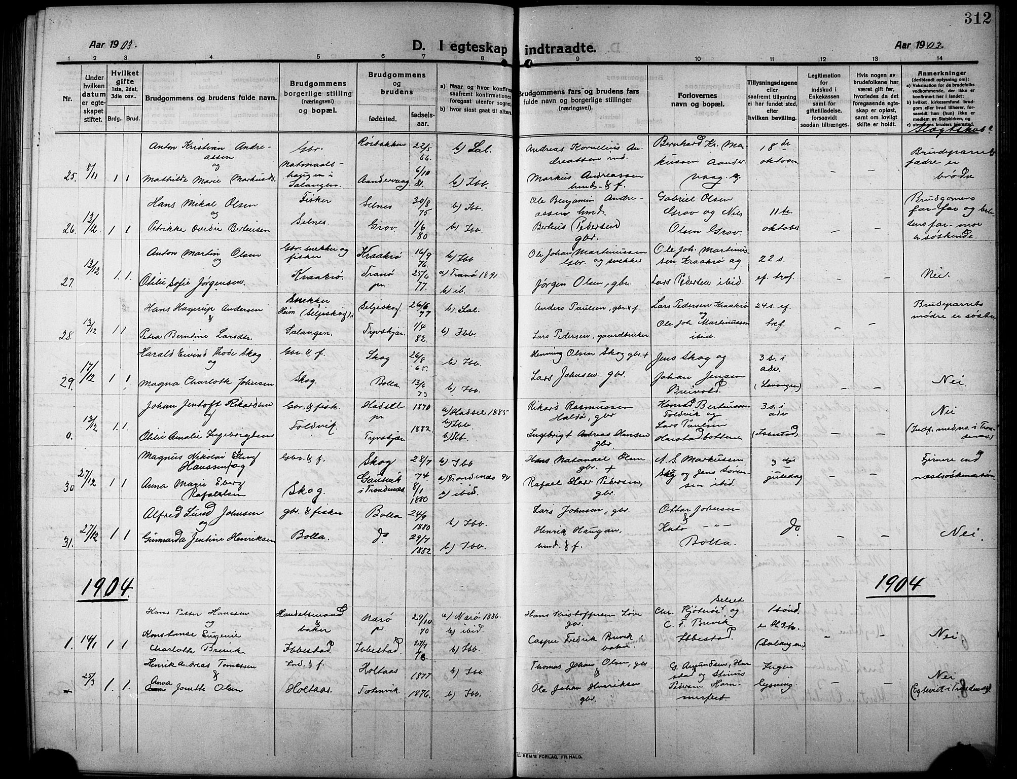Ibestad sokneprestembete, SATØ/S-0077/H/Ha/Hab/L0009klokker: Parish register (copy) no. 9, 1902-1914, p. 312