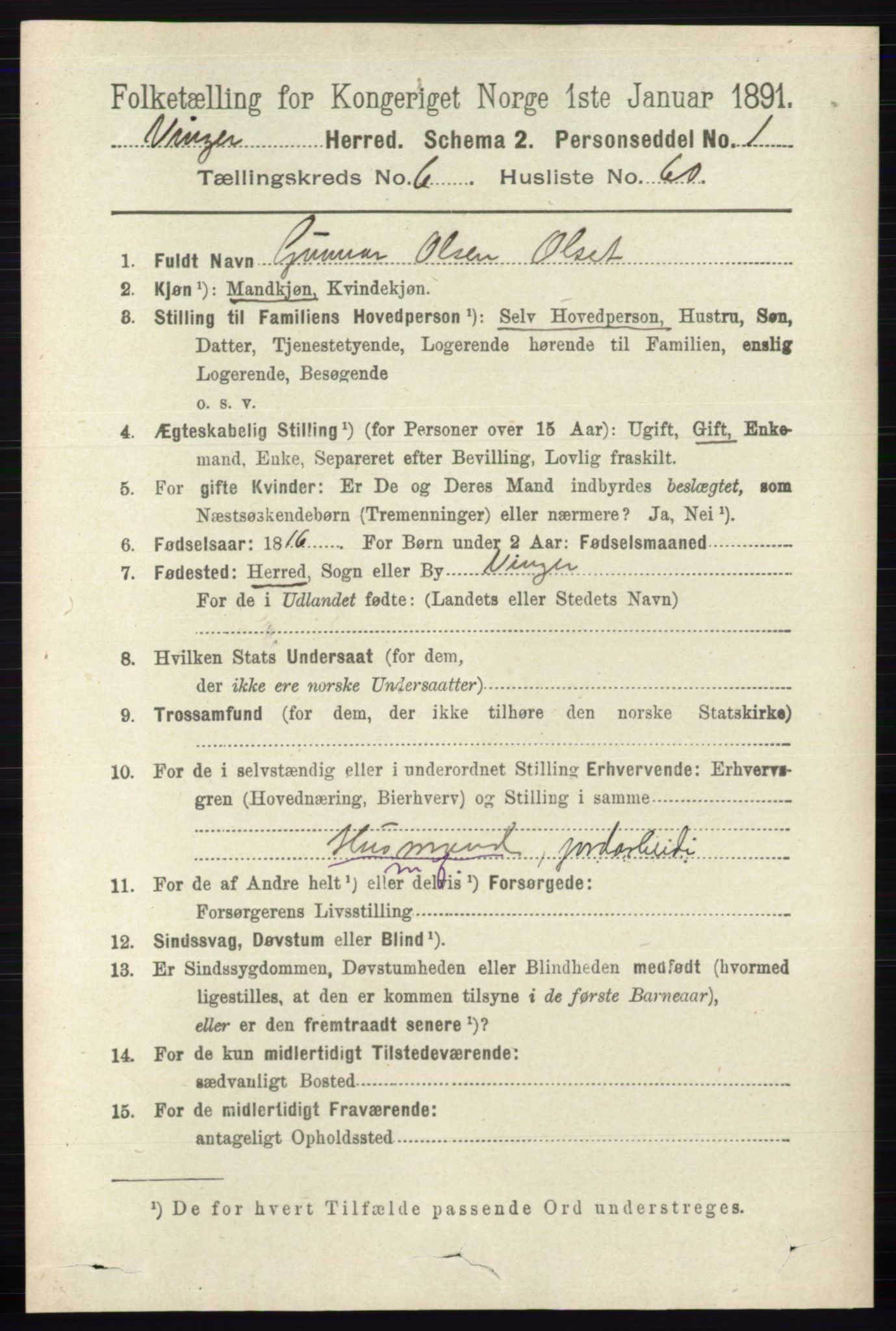 RA, 1891 census for 0421 Vinger, 1891, p. 2959