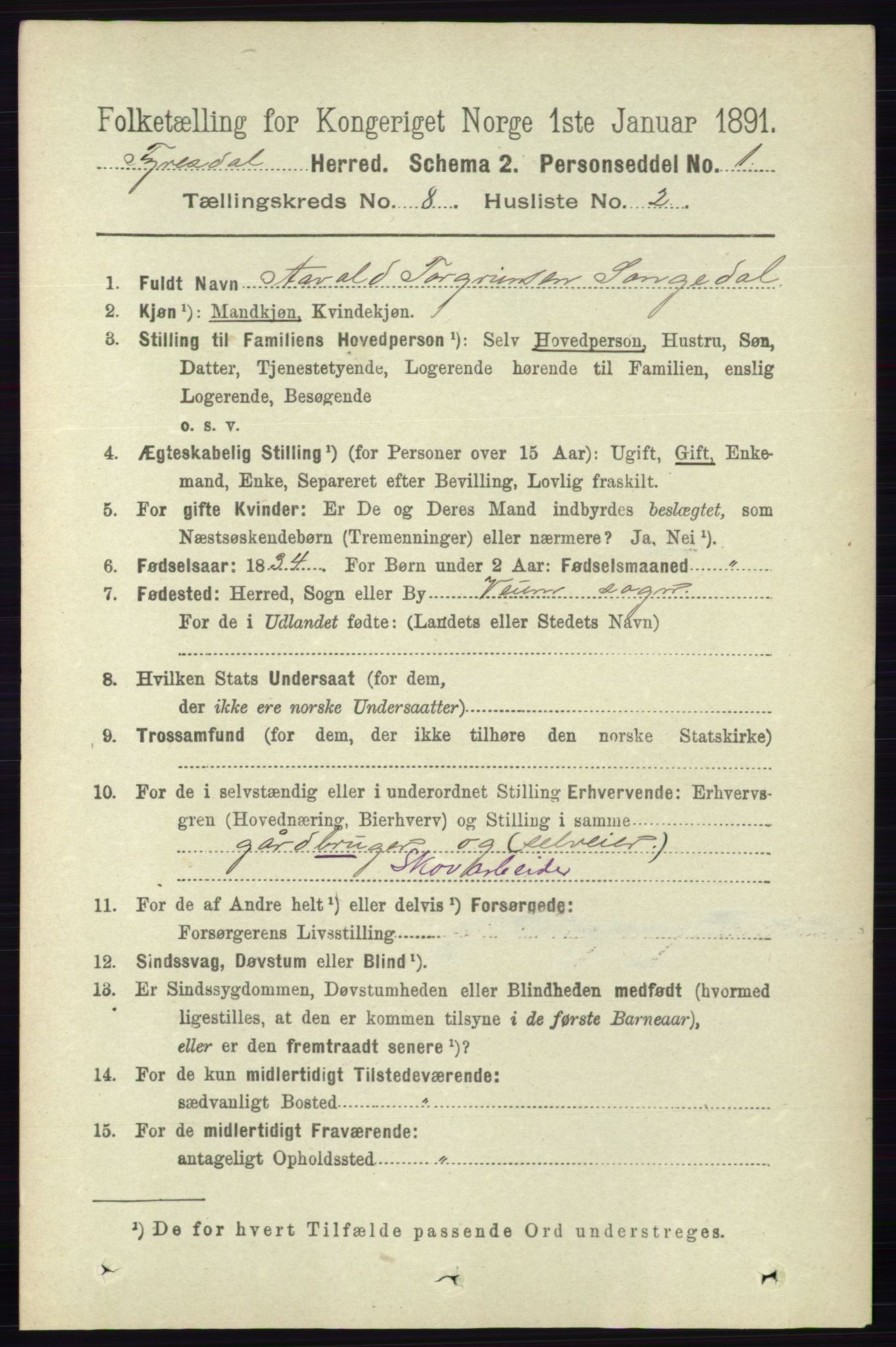 RA, 1891 census for 0831 Fyresdal, 1891, p. 2179