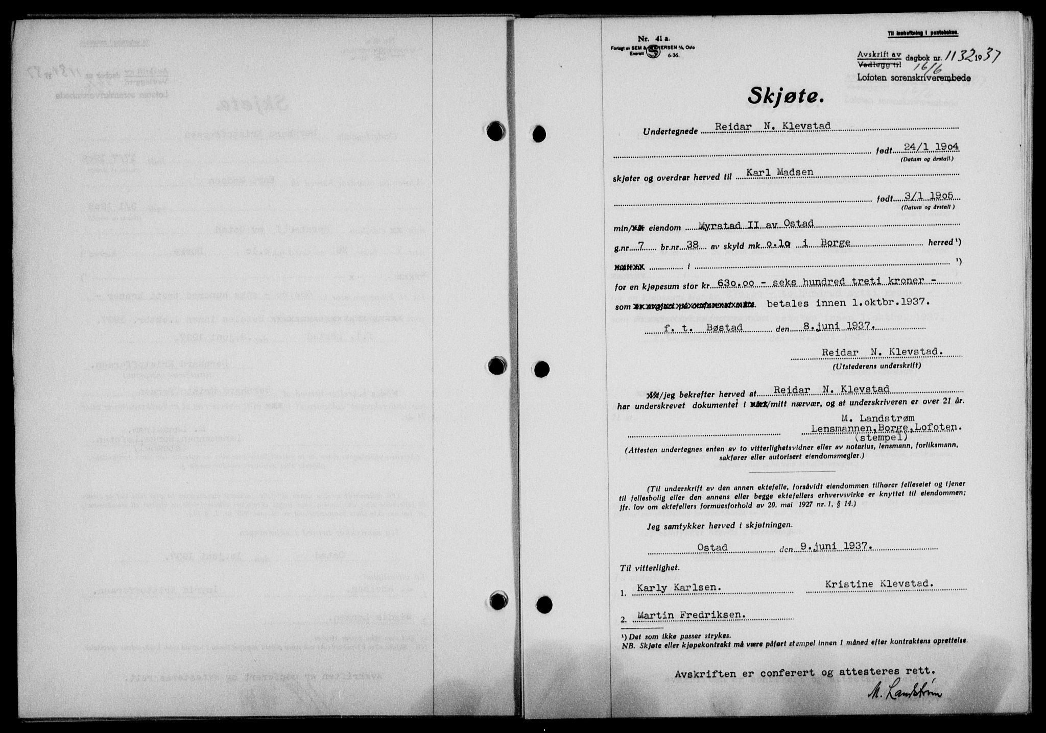 Lofoten sorenskriveri, SAT/A-0017/1/2/2C/L0002a: Mortgage book no. 2a, 1937-1937, Diary no: : 1132/1937