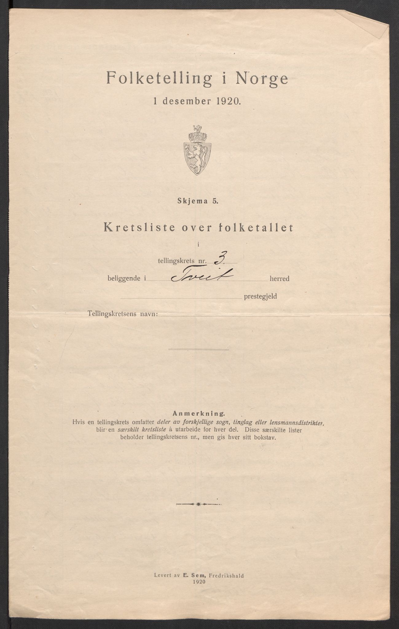 SAK, 1920 census for Tveit, 1920, p. 20