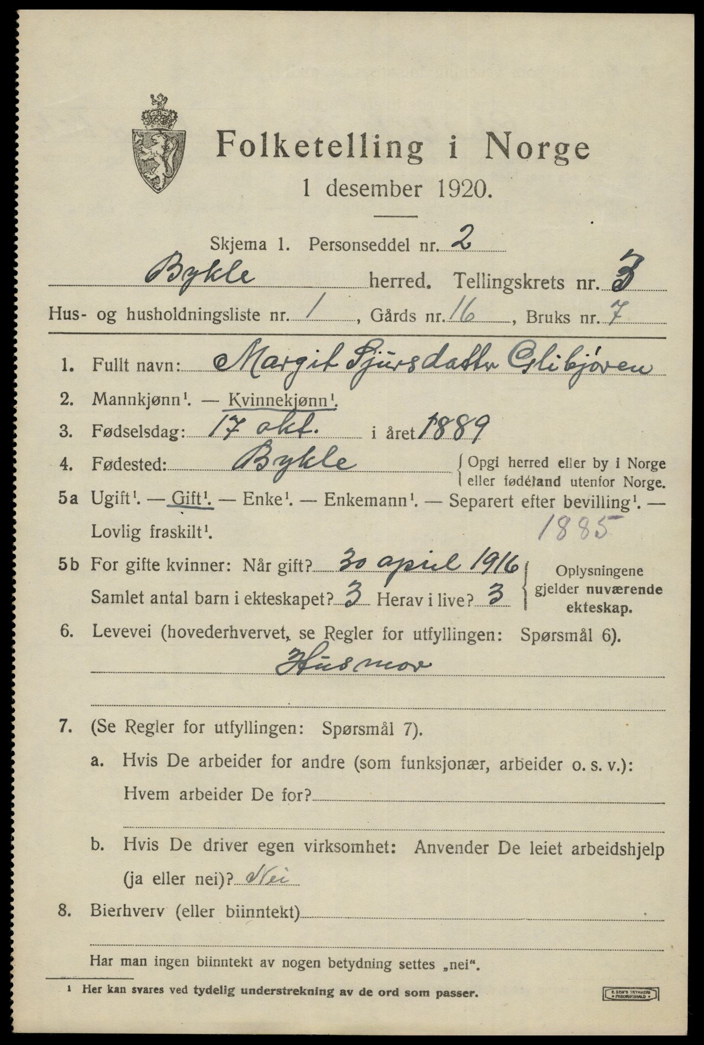 SAK, 1920 census for Bykle, 1920, p. 1025