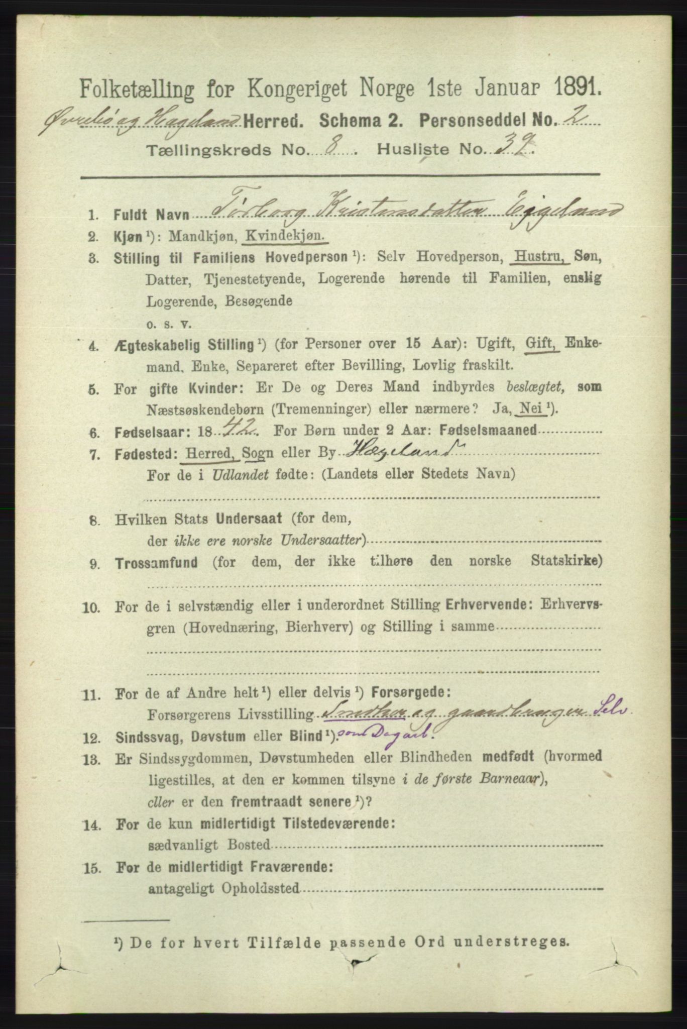 RA, 1891 census for 1016 Øvrebø og Hægeland, 1891, p. 1695