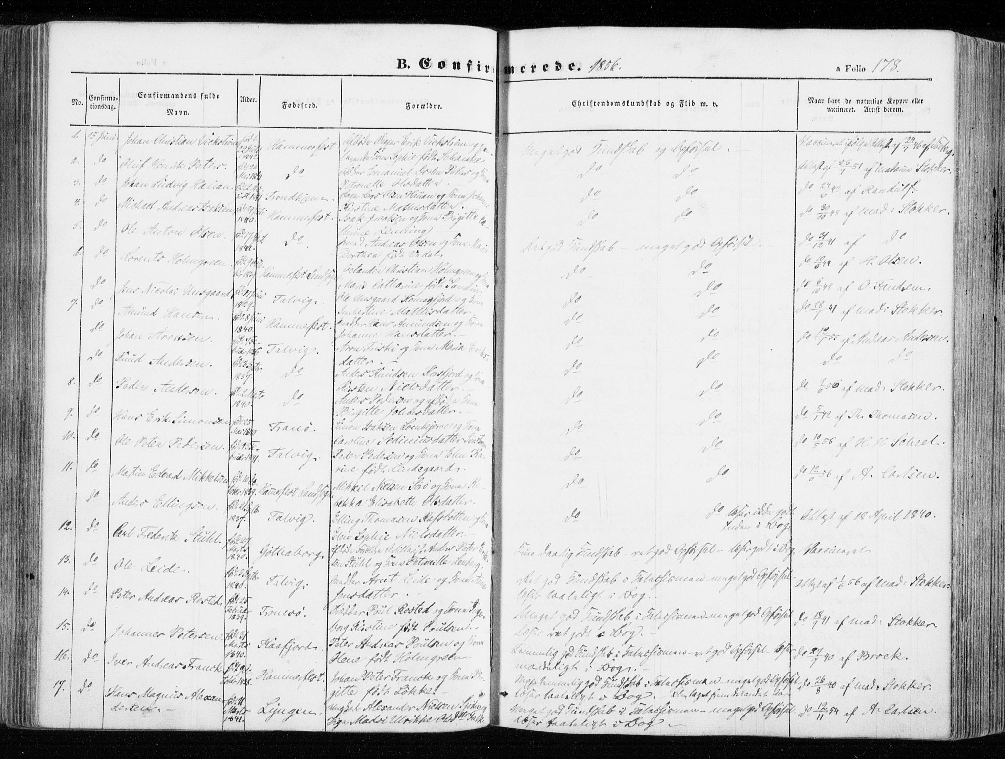 Hammerfest sokneprestkontor, AV/SATØ-S-1347/H/Ha/L0004.kirke: Parish register (official) no. 4, 1843-1856, p. 178